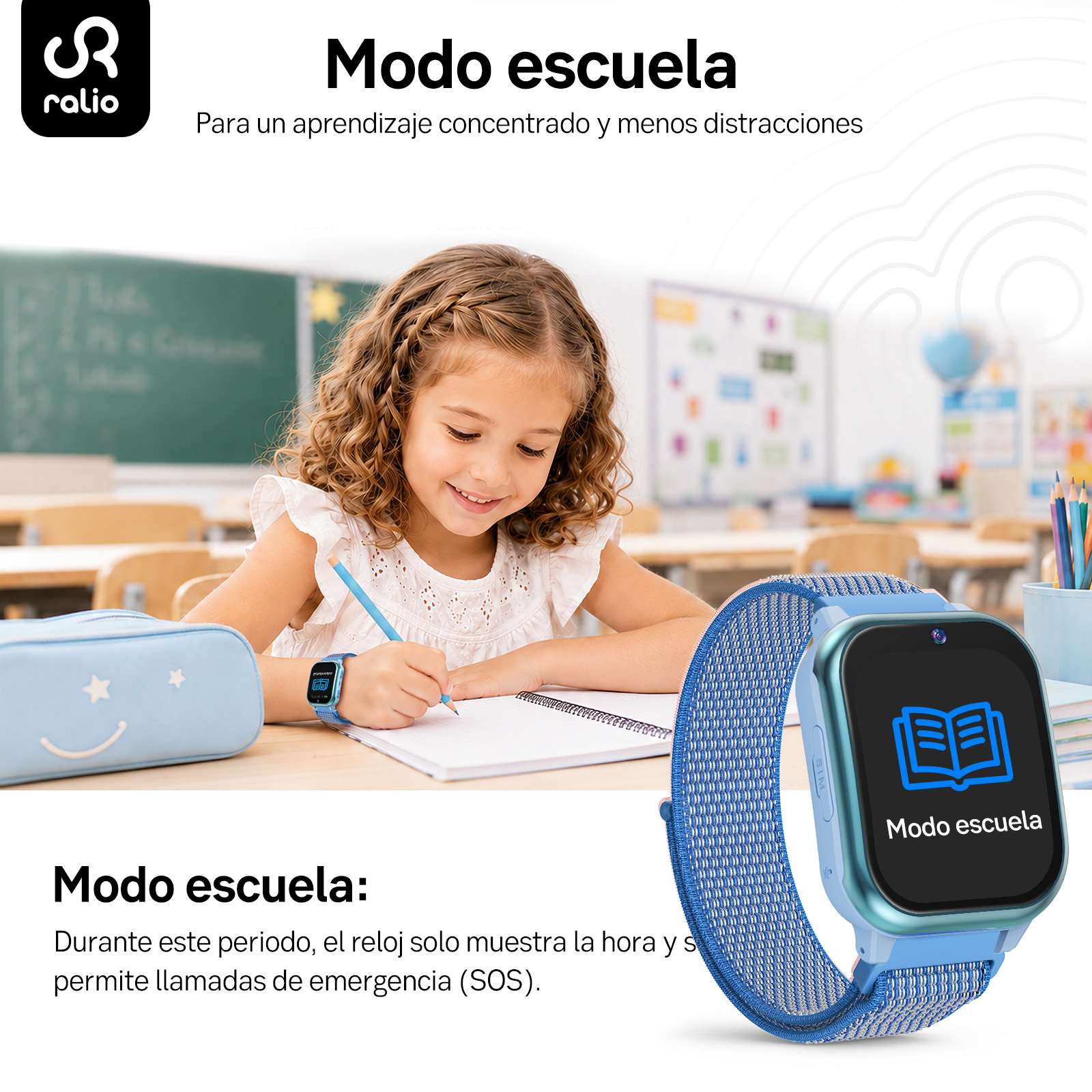 Una niña rubia escribe en un cuaderno en un aula, junto a un reloj inteligente azul.