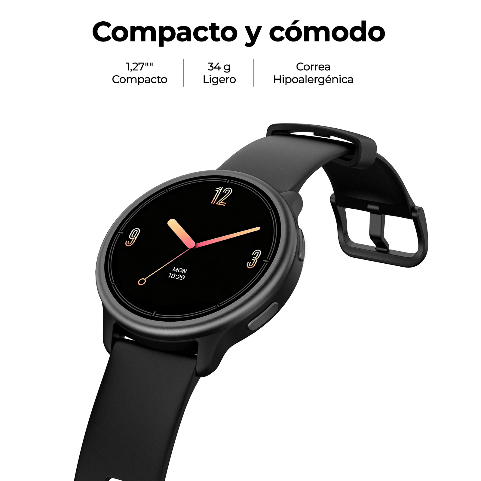 Reloj inteligente negro con pantalla redonda, correa de silicona negra y texto al fondo.