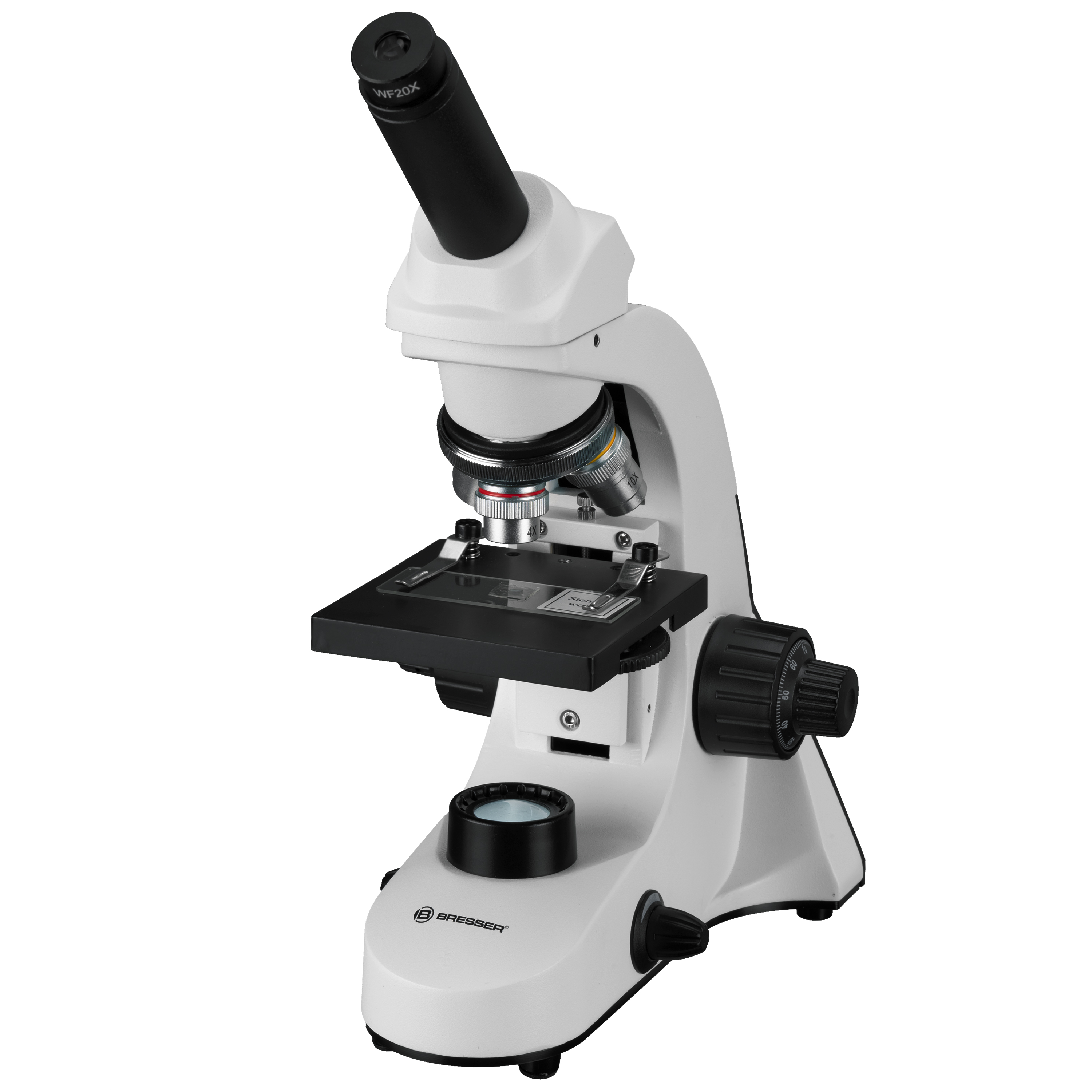 Un microscopio Bresser blanco con platina negra, lentes objetivo y ocular sobre fondo blanco.