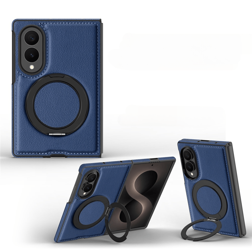 Étui de téléphone en cuir texturé bleu avec un support d'anneau noir circulaire sur fond blanc.