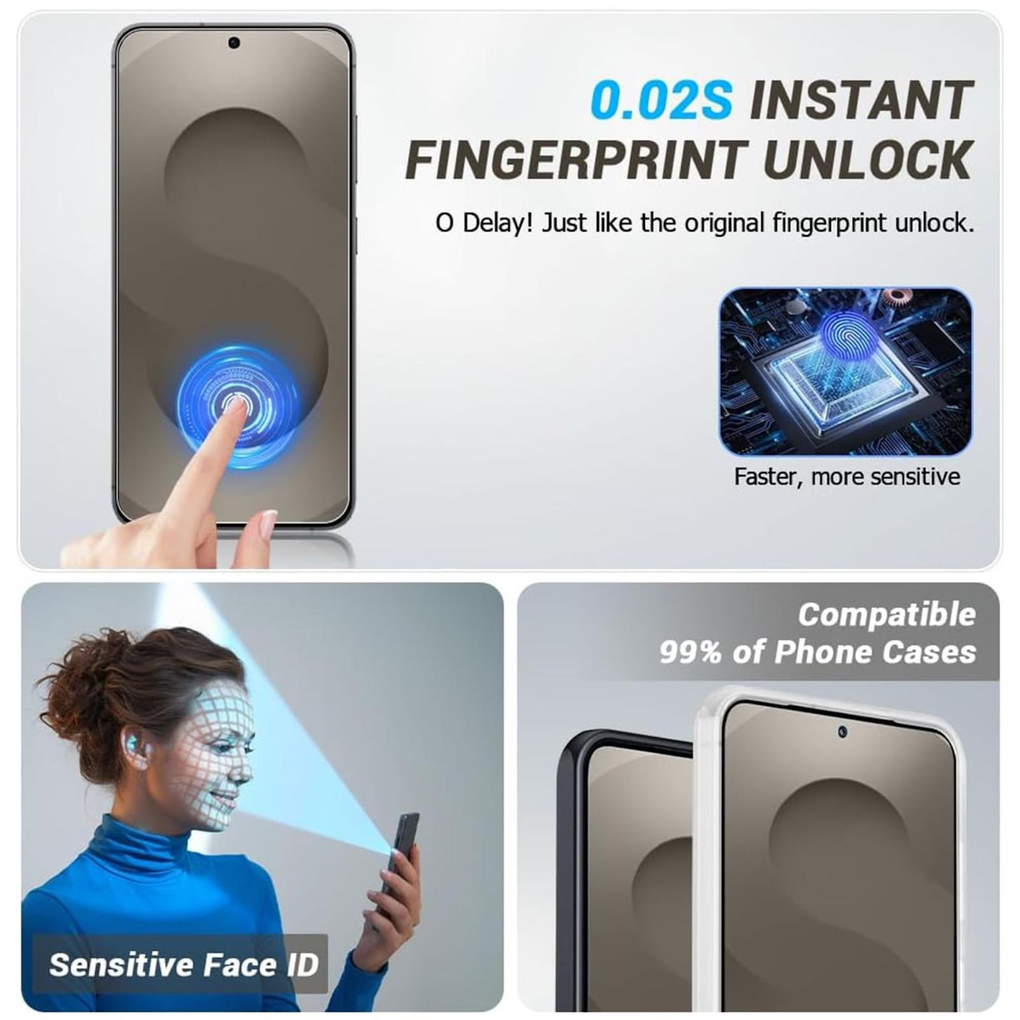 Smartphone zeigt In-Display-Fingerabdruckscanner, Gesichtserkennung und Hüllenkompatibilität.