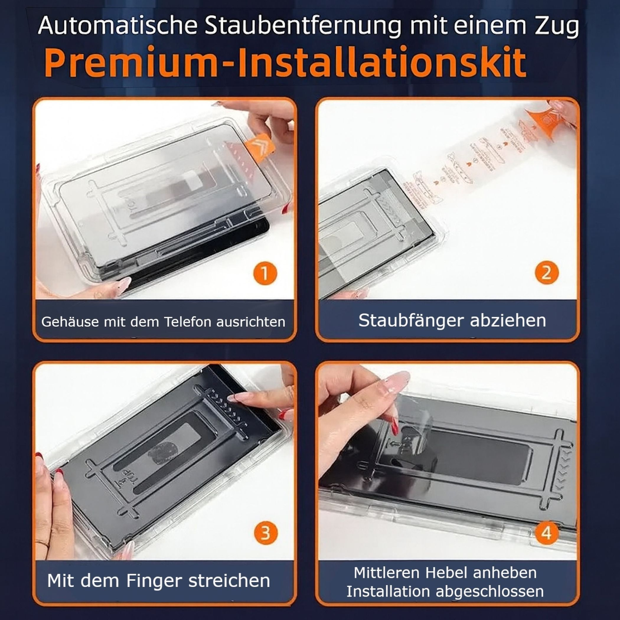Vierteilige Anleitung zur Verwendung eines Installationskits für Displayschutzfolien.