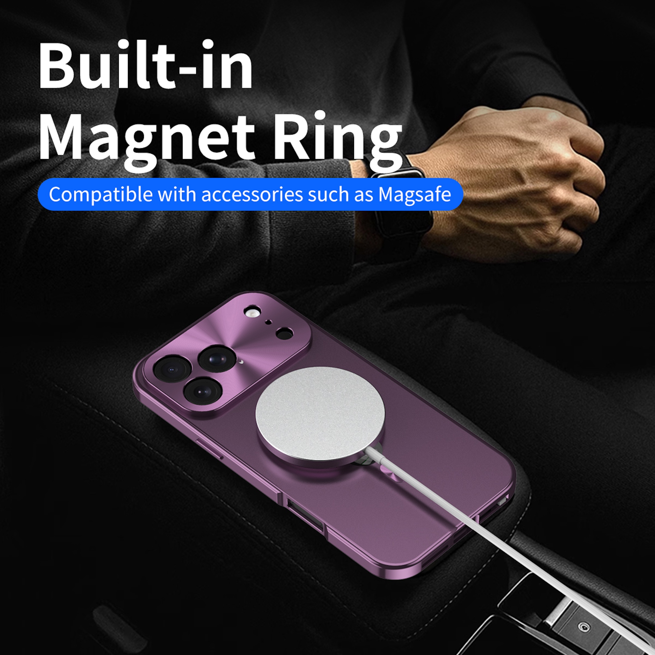 Ein violettes Smartphone mit runder Magnetring-Halterung liegt in einer Autokonsole, Text wirbt für MagSafe.