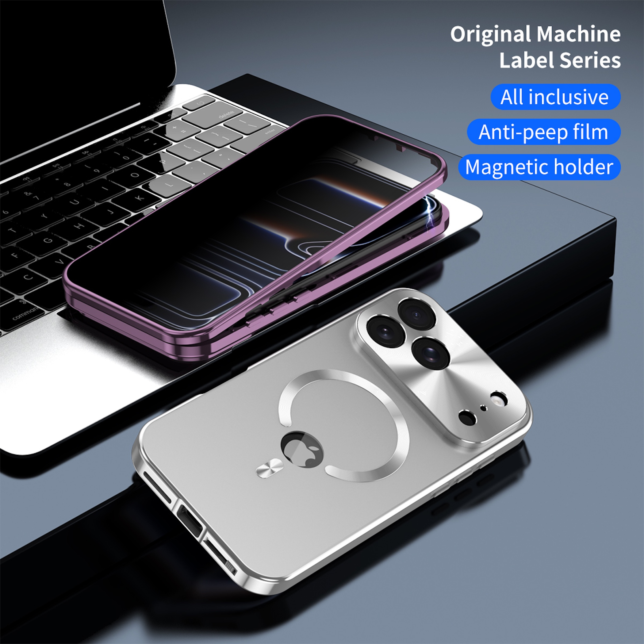 Ein silbernes iPhone in einer Schutzhülle liegt auf einer Oberfläche neben einem Laptop.