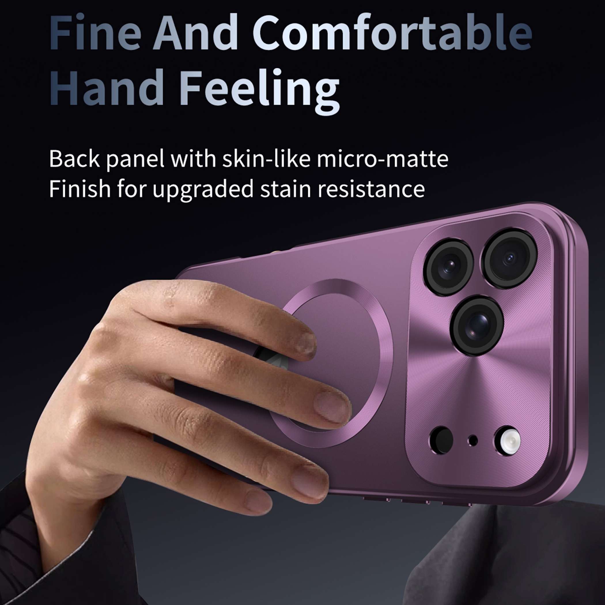 Eine Hand hält eine lila Smartphonehülle mit kreisförmigem Magneten und Kameraausschnitt.