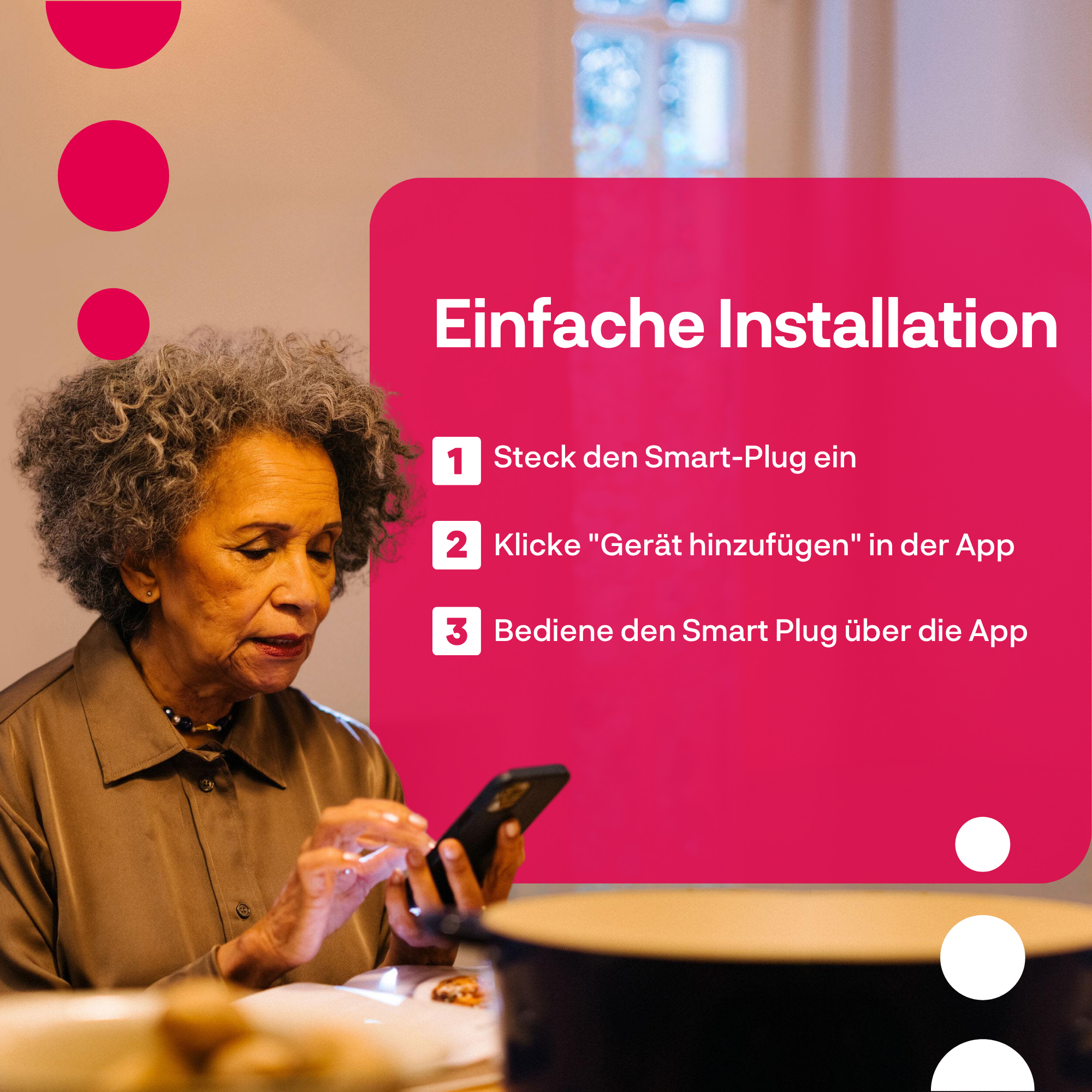 Oudere vrouw met grijs haar kijkt naar een smartphone. Een tekstvak legt de installatie uit.