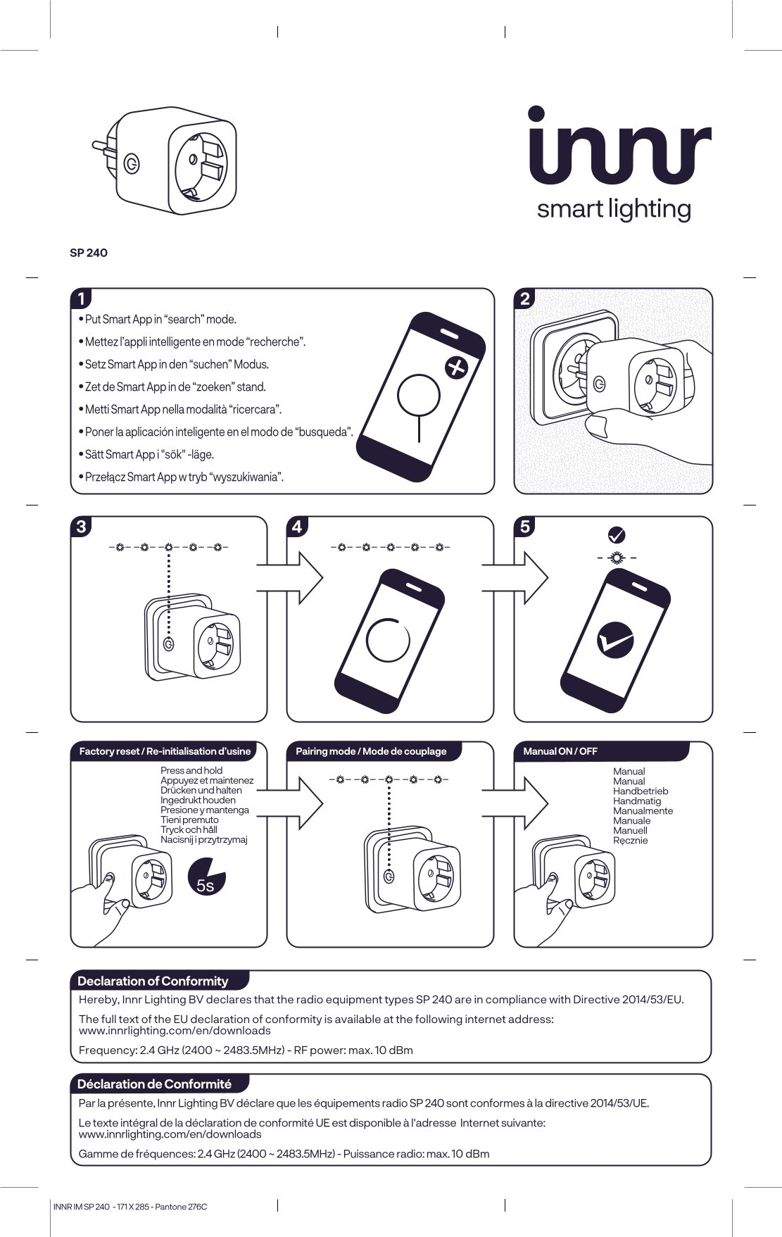 Anleitung für die Einrichtung des Innr Smart Plug SP 240 mit App-Schritten und Reset-Hinweisen.