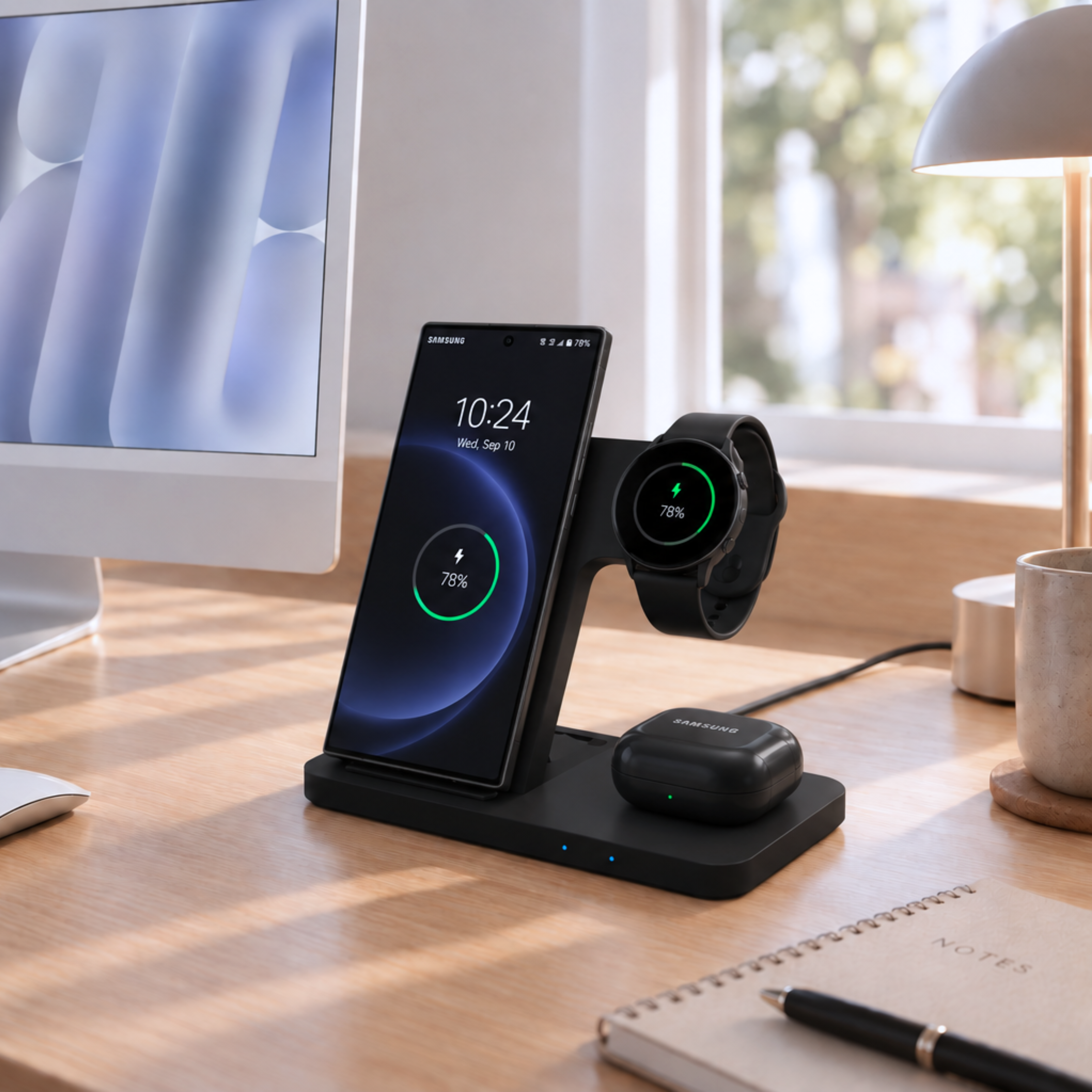 Eine schwarze Ladestation lädt ein Smartphone, eine Smartwatch und kabellose Ohrhörer auf einem Schreibtisch.
