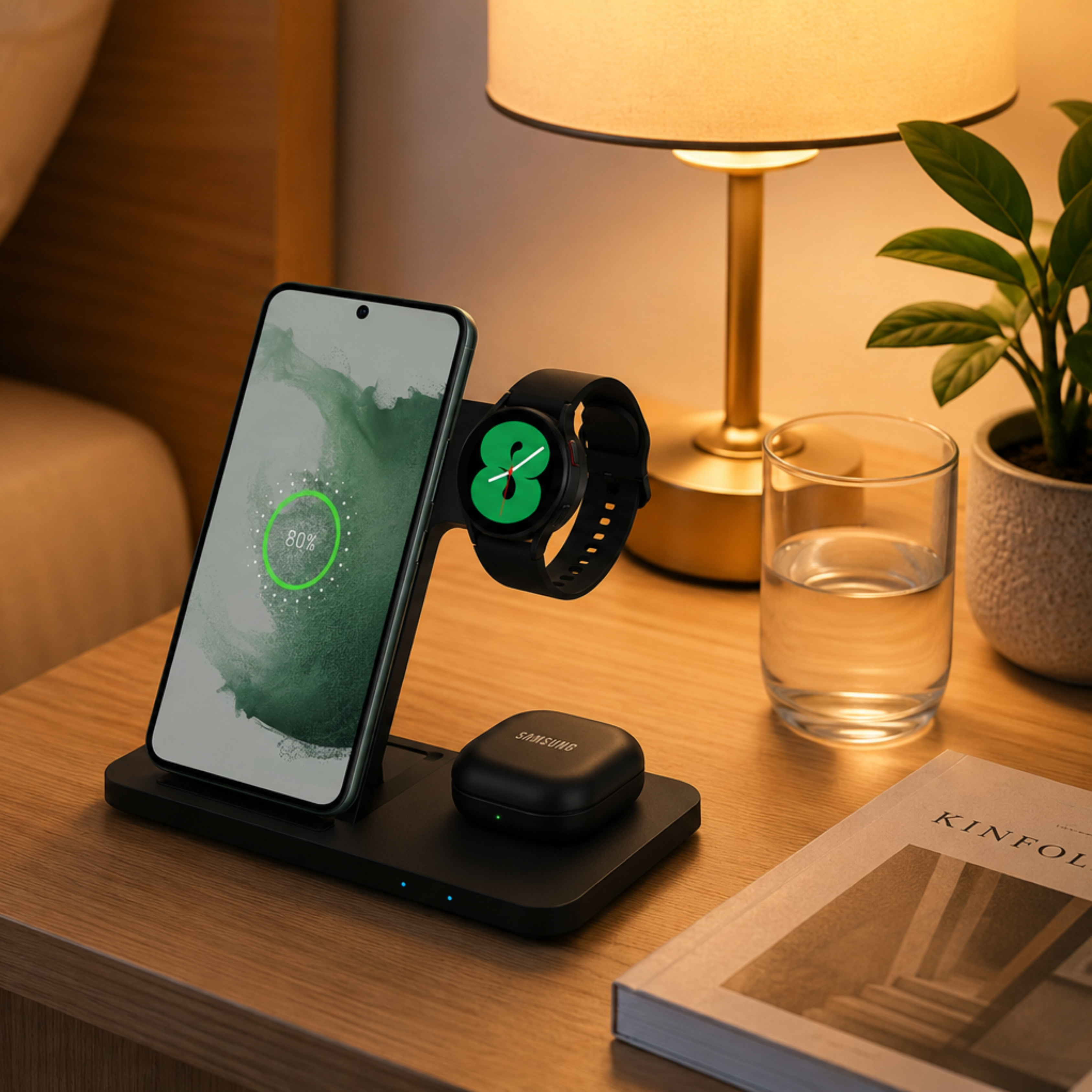 Ein Smartphone, eine Smartwatch und Kopfhörer laden auf einem schwarzen Ständer.