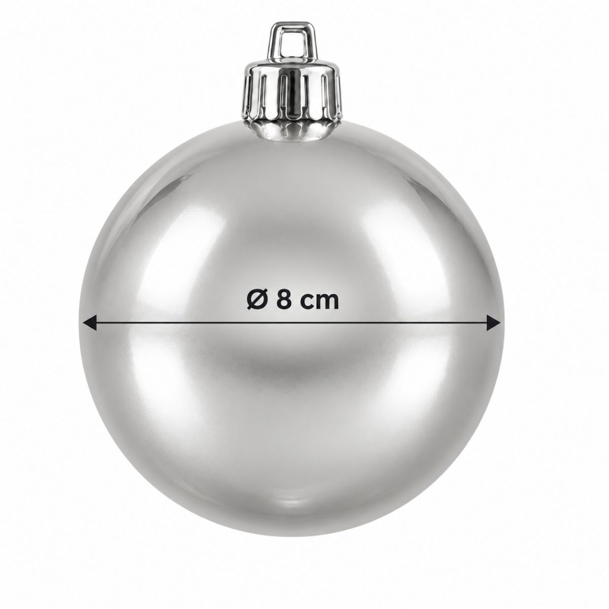 A shiny silver Christmas bauble with a diameter of 8 cm against a white background.