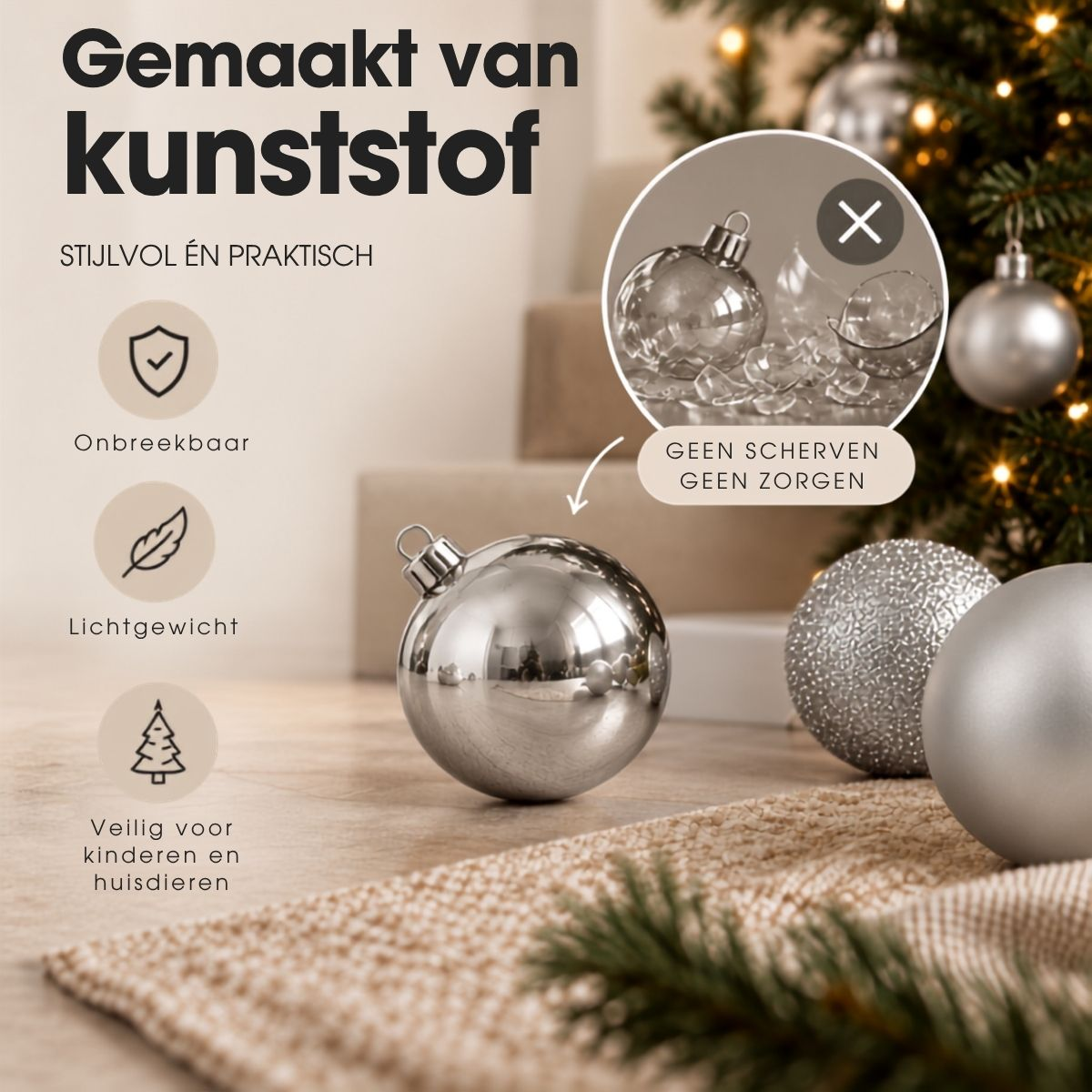 Advertisement for unbreakable silver plastic Christmas baubles in front of a Christmas tree.