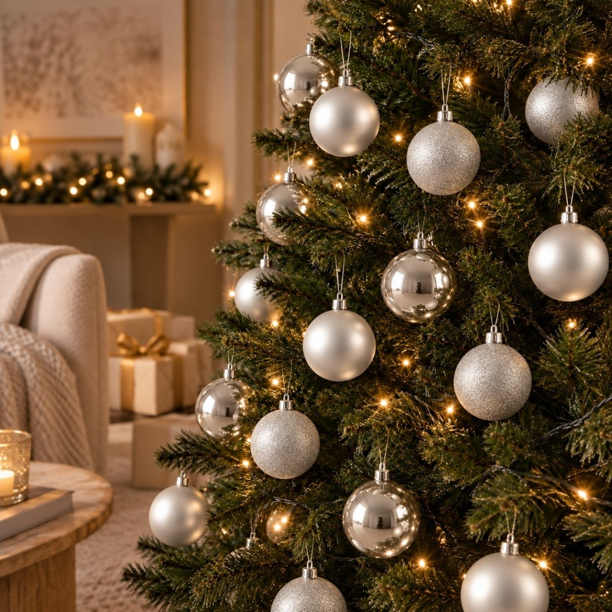 A Christmas tree decorated with shiny silver baubles and warm lights in a cozy living room.