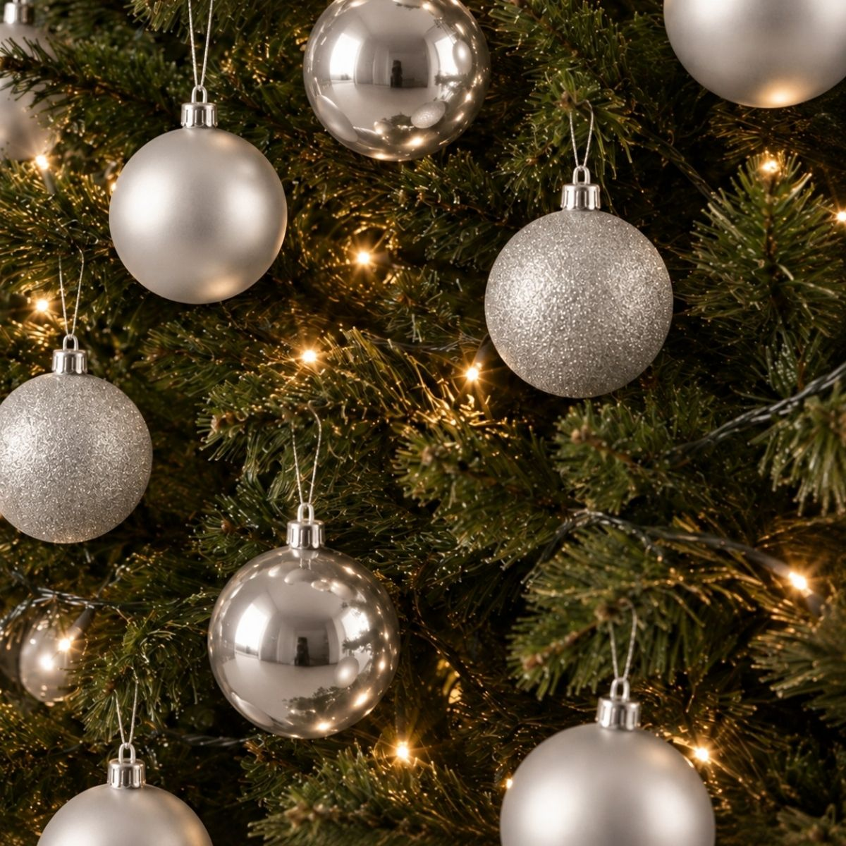 Shiny silver baubles and glittery ornaments hang on a green Christmas tree with warm twinkling lights.