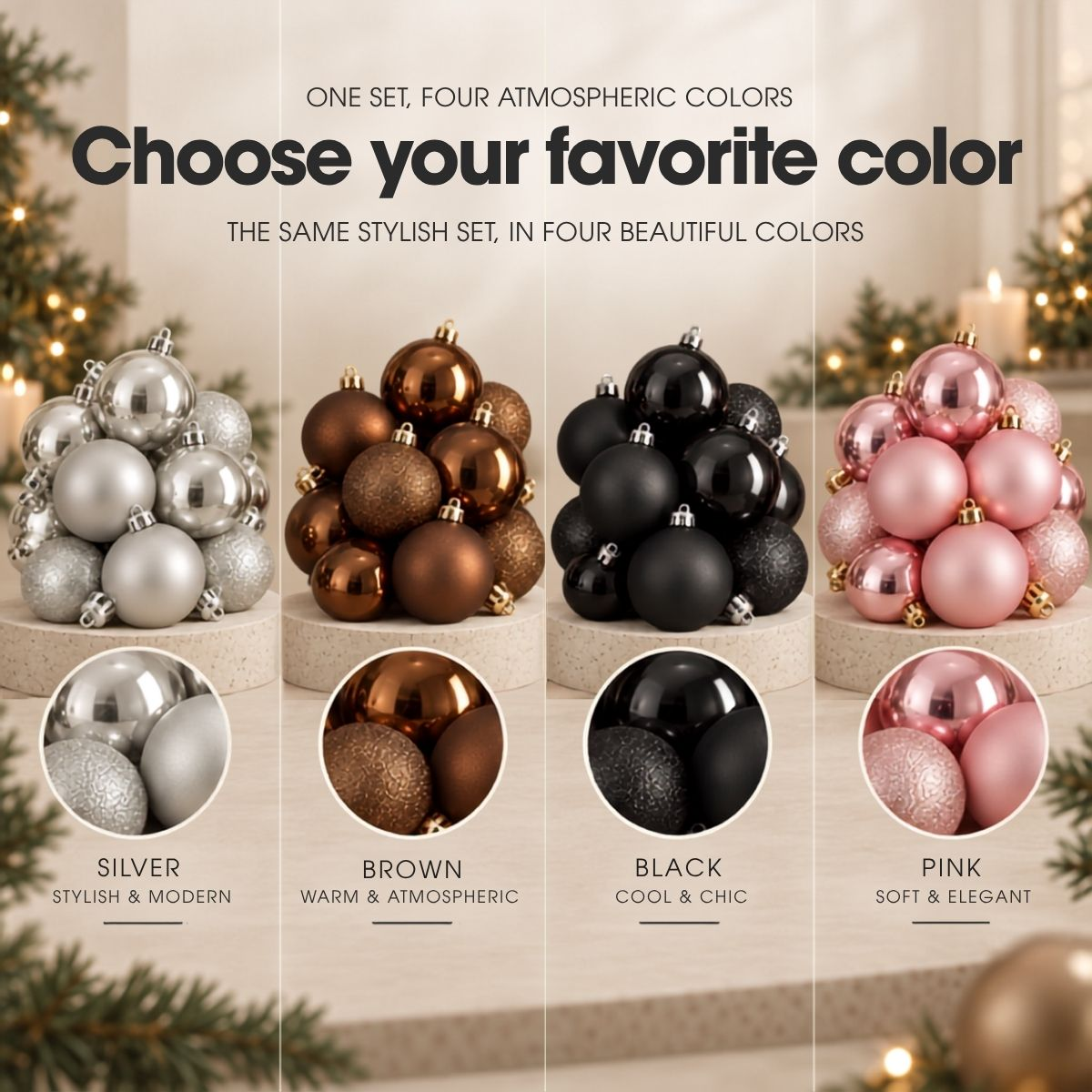 Four groups of Christmas ornaments in silver, brown, black, and pink displayed on stands with text.