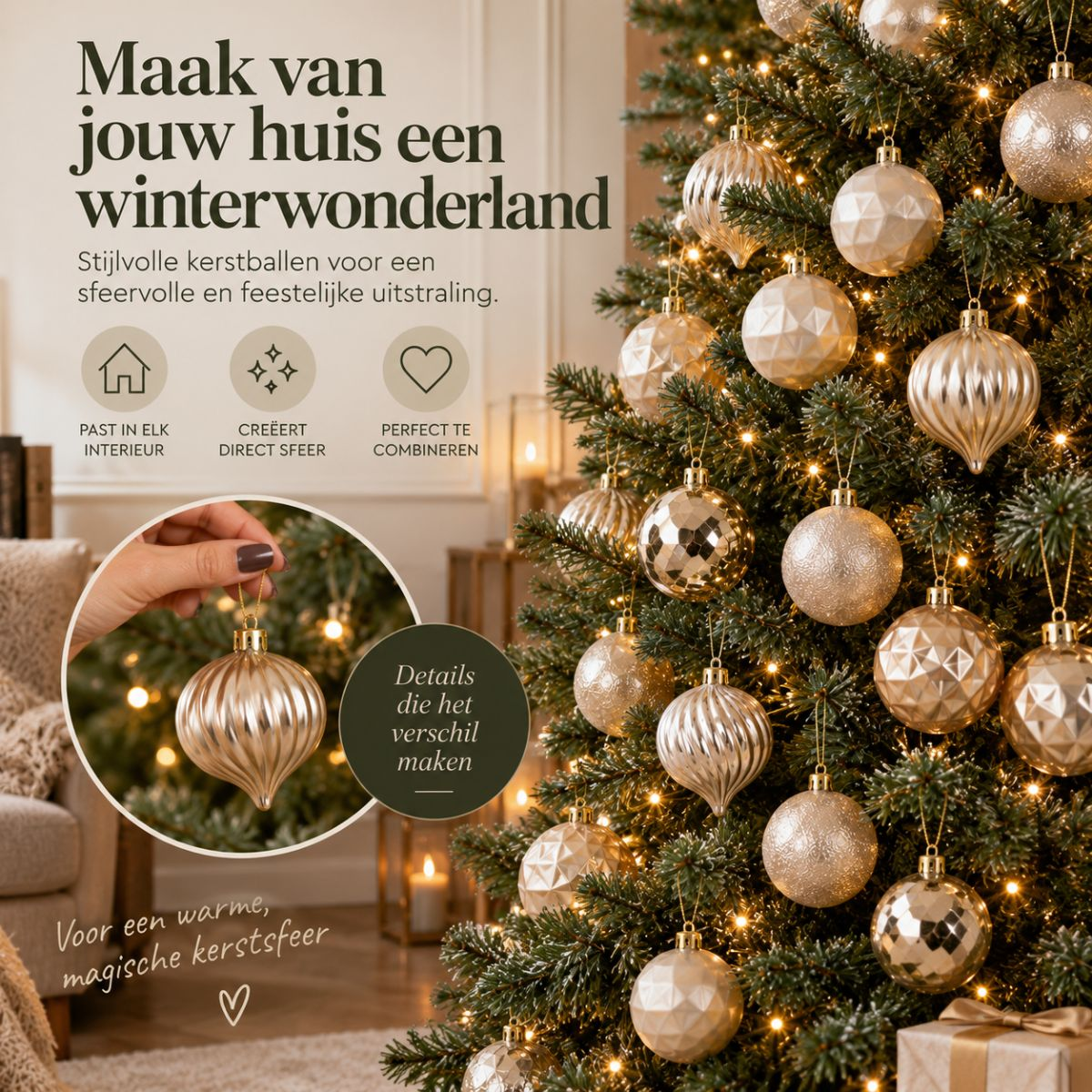 Un sapin de Noël décoré avec des boules dorées et du texte.