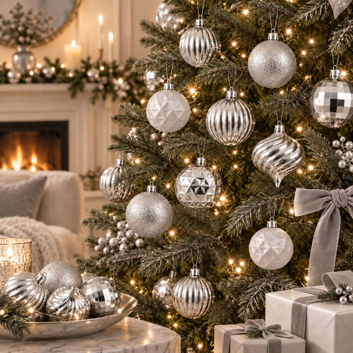 Un sapin de Noël illuminé avec des décorations argentées et blanches, des cadeaux et une cheminée en arrière-plan.