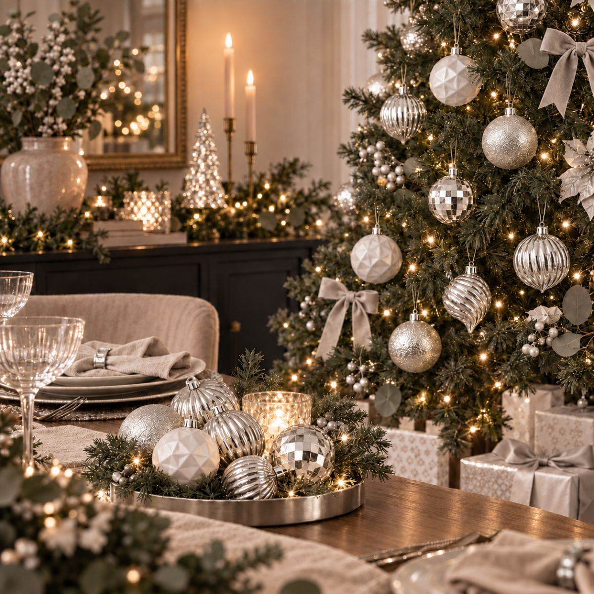 Une pièce chaleureuse avec un sapin de Noël décoré, une table avec des ornements argentés et des bougies.
