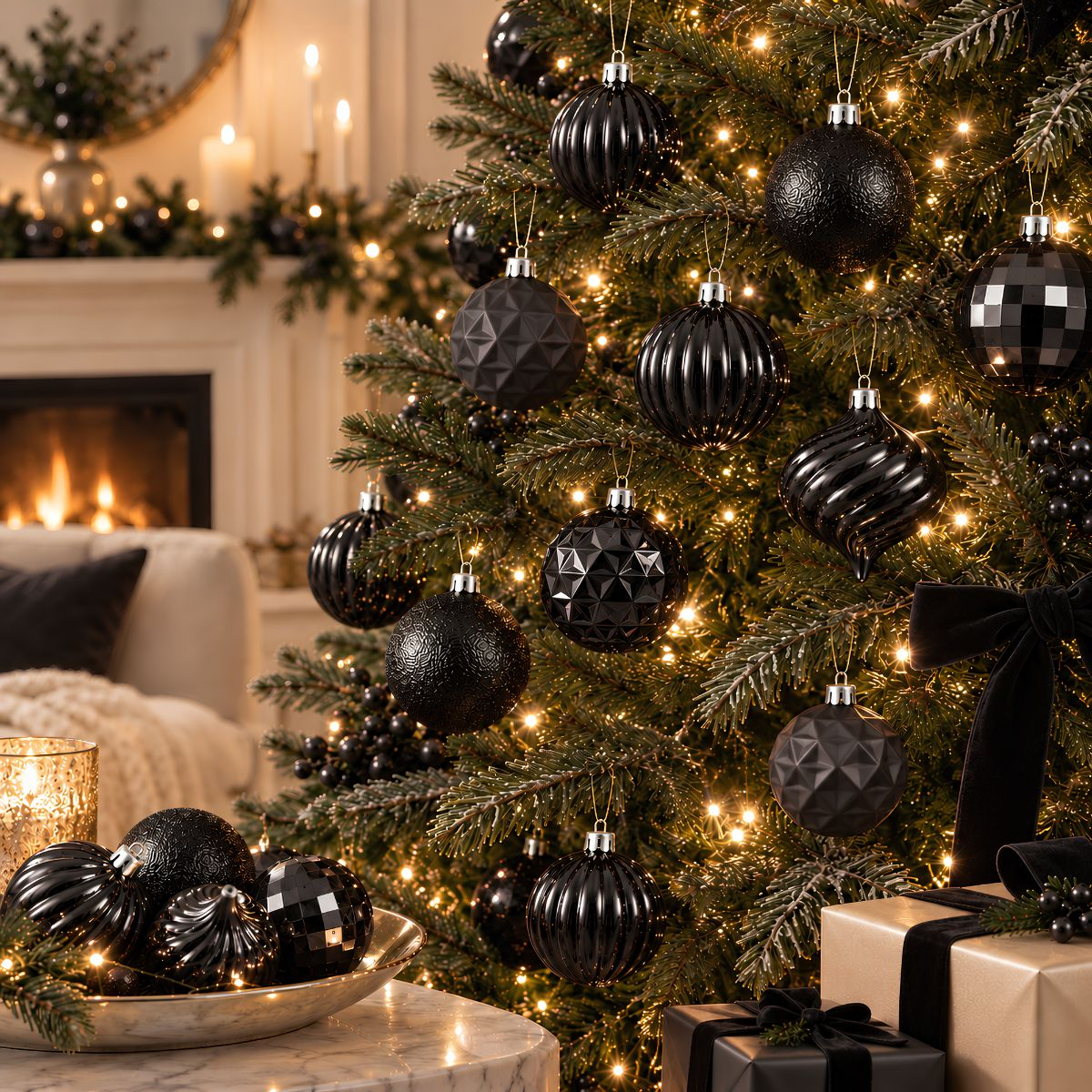 Un sapin de Noël décoré d'ornements noirs et de lumières chaudes, de cadeaux emballés et d'une cheminée.