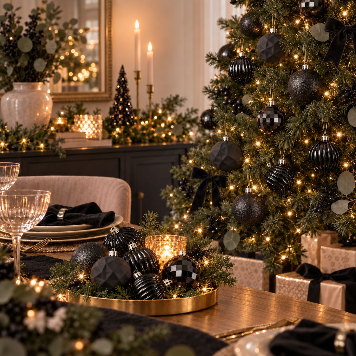 Table de fête avec ornements noirs, guirlandes lumineuses, sapin de Noël décoré et cadeaux.