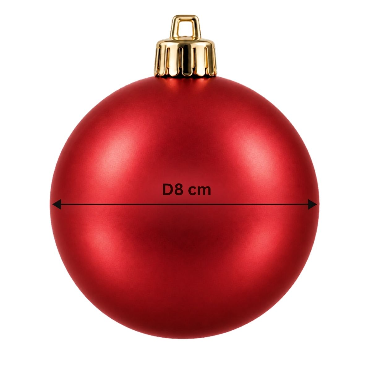 Red Christmas bauble with a gold cap and a diameter of 8 cm on a white background.