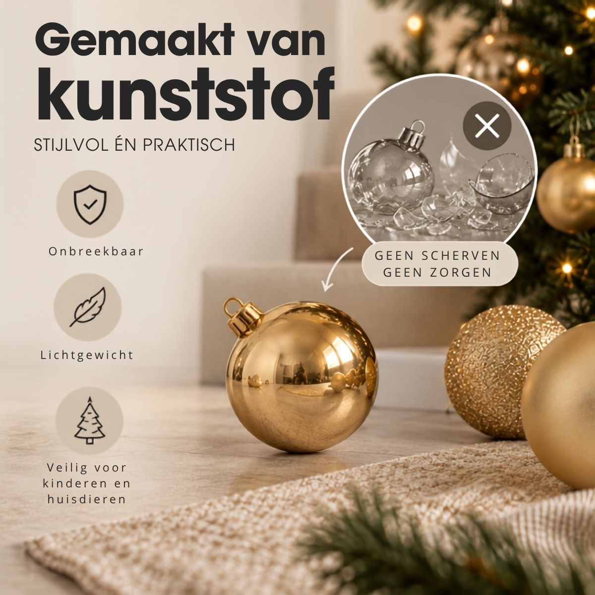 Promotional image for unbreakable, lightweight plastic Christmas baubles with icons and text.