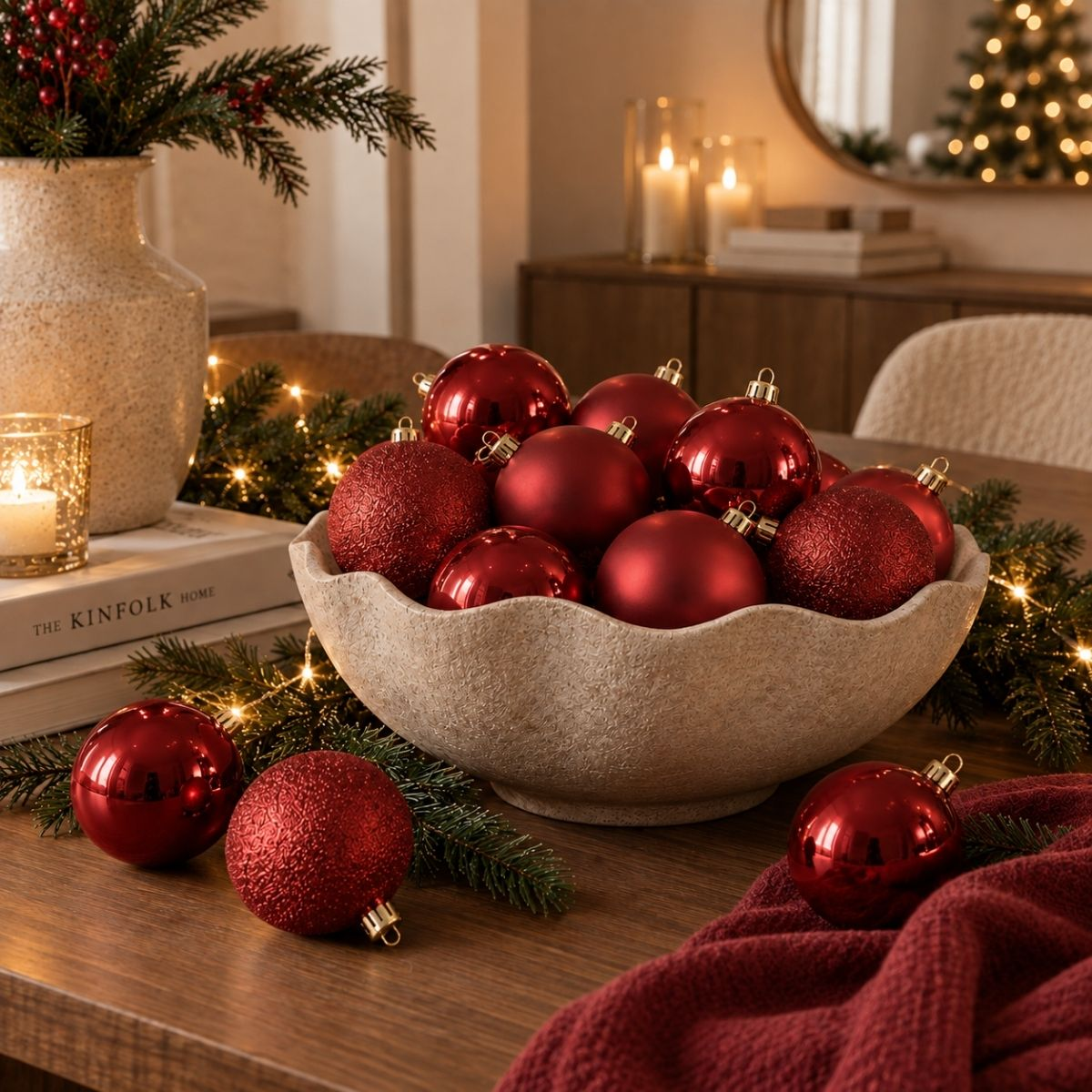 A beige bowl filled with shiny red Christmas ornaments on a wooden table with pine branches and lit candles.
