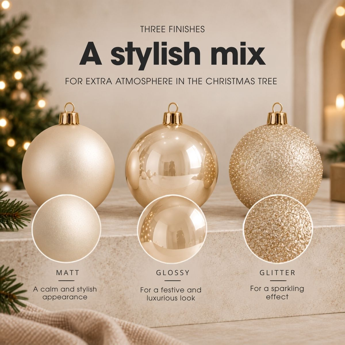 Three gold Christmas baubles showing matt, glossy, and glitter finishes with close-up circular details below.