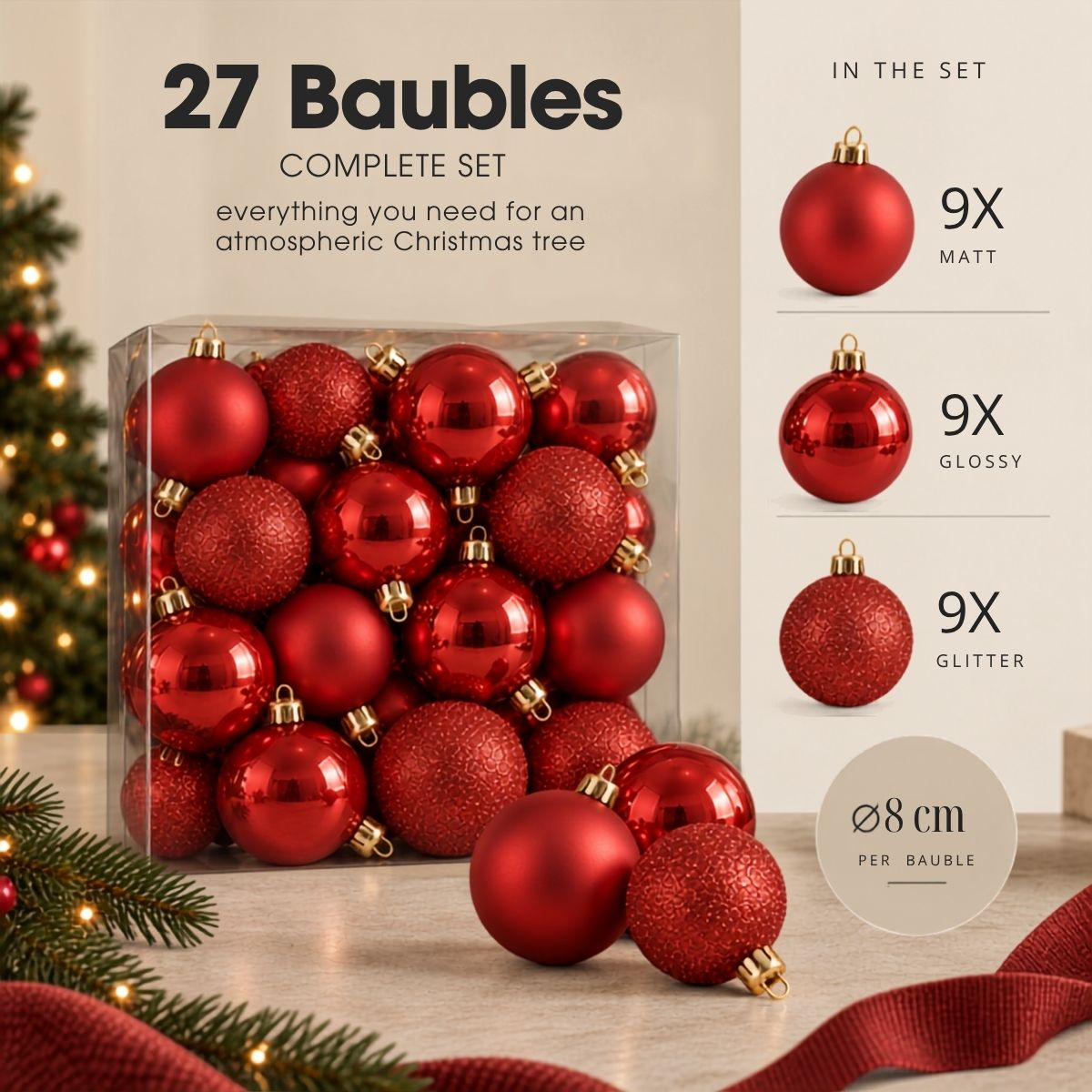 A box of 27 red Christmas baubles in matt, glossy, and glitter finishes, measuring 8 cm each.