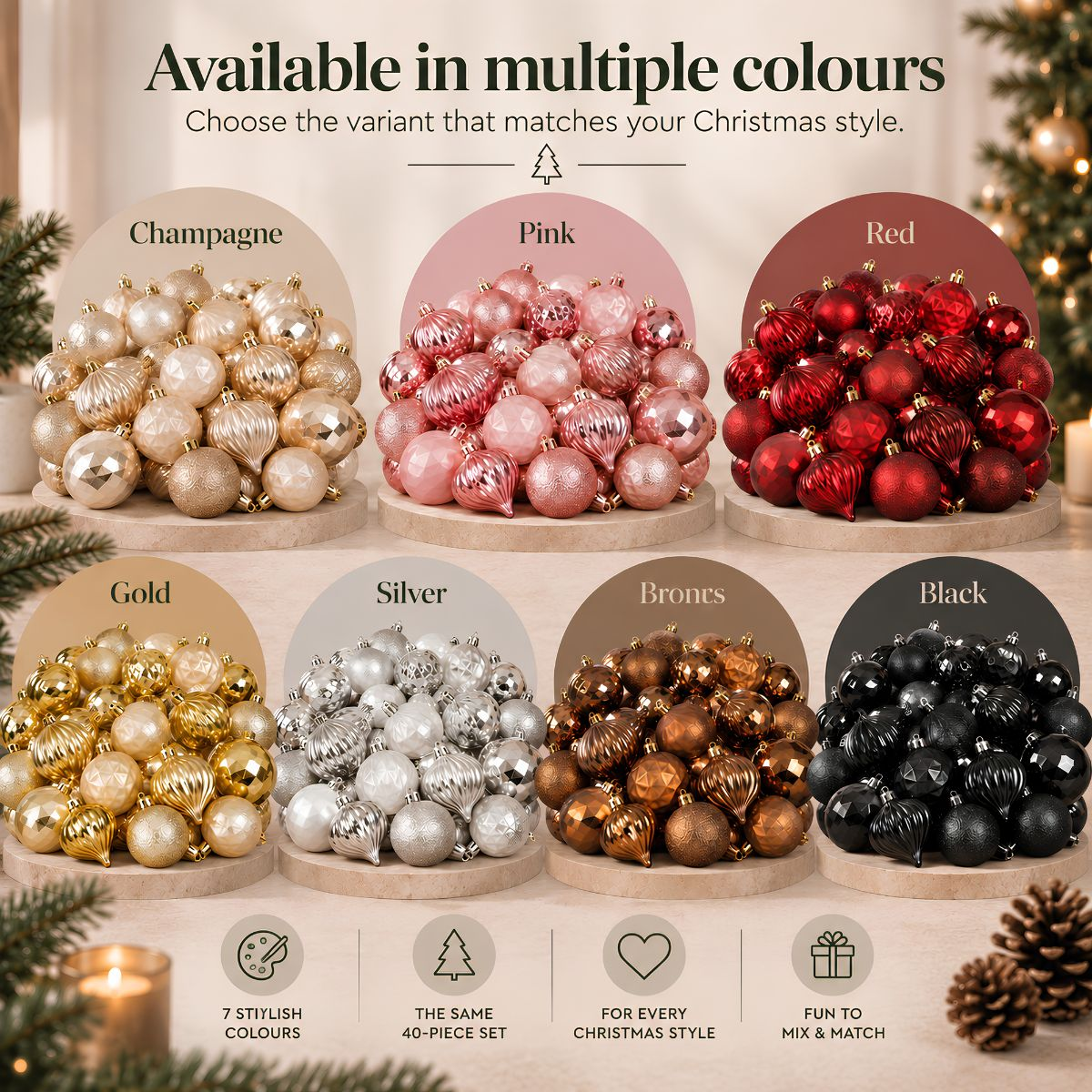 Assorted Christmas ornaments in seven colors like gold, silver, and red with text above.