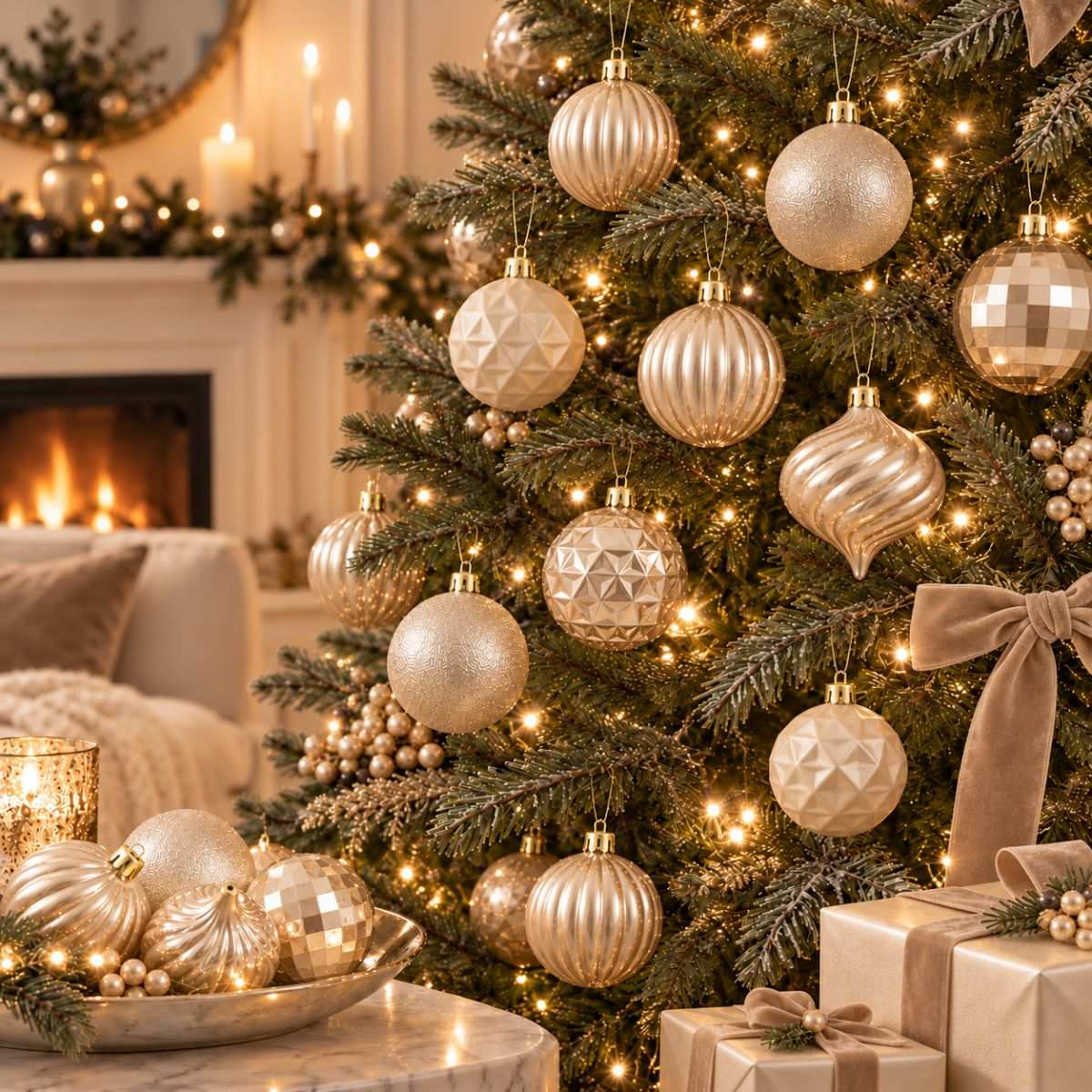 A decorated Christmas tree with gold ornaments, lights, and gifts in the foreground, with a fireplace in the background.