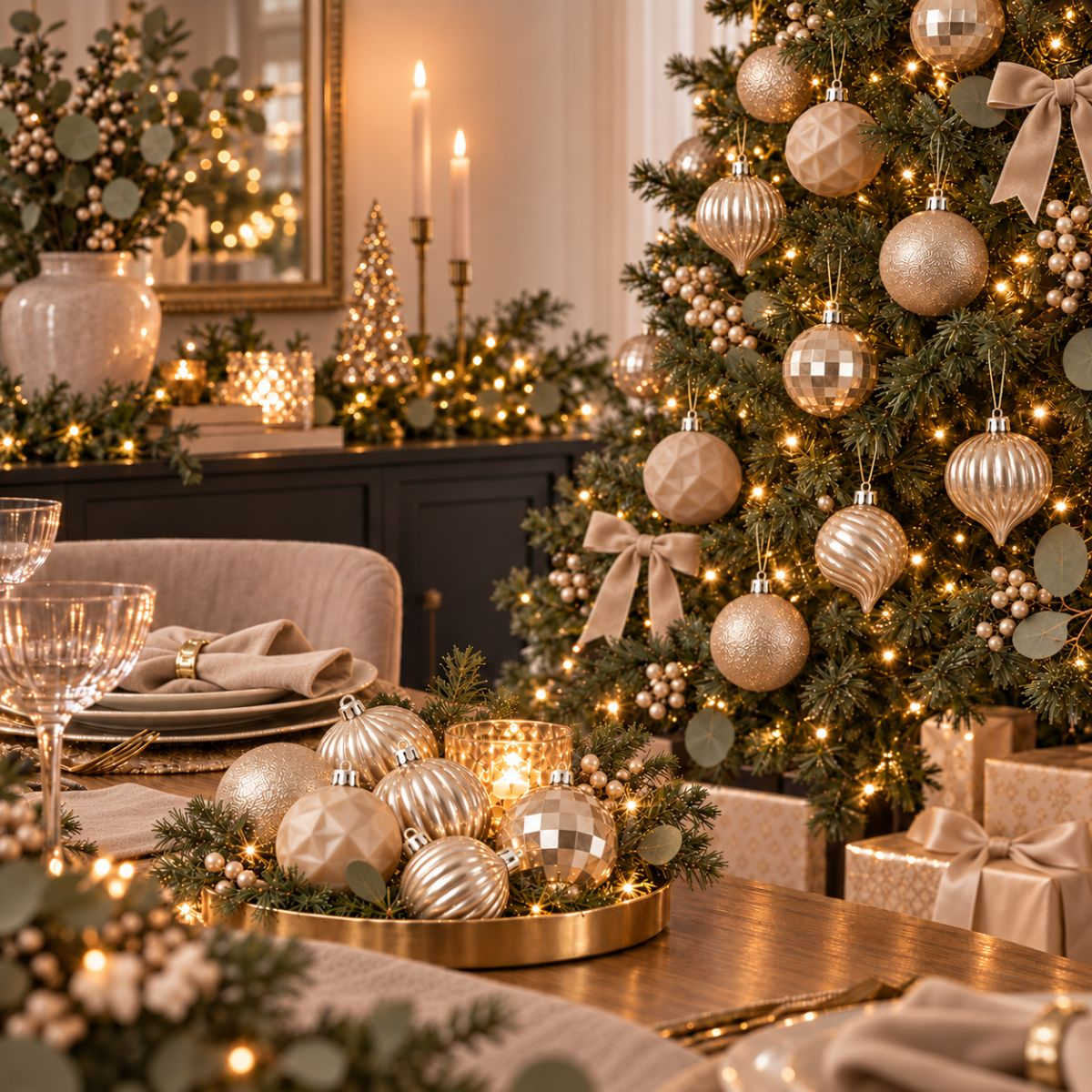 A festive dining table with golden ornaments, a glowing Christmas tree, and candles in a warm, elegantly decorated room.