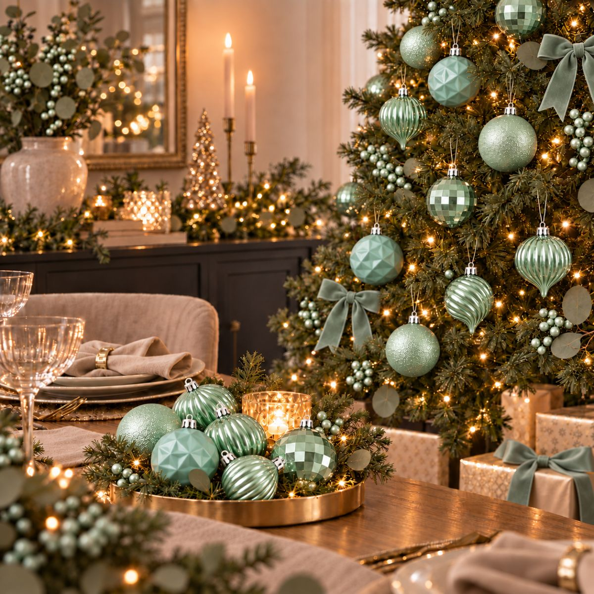 Un sapin de Noël avec des boules vert menthe, une table dressée avec des bougies et un plateau de boules au premier plan.