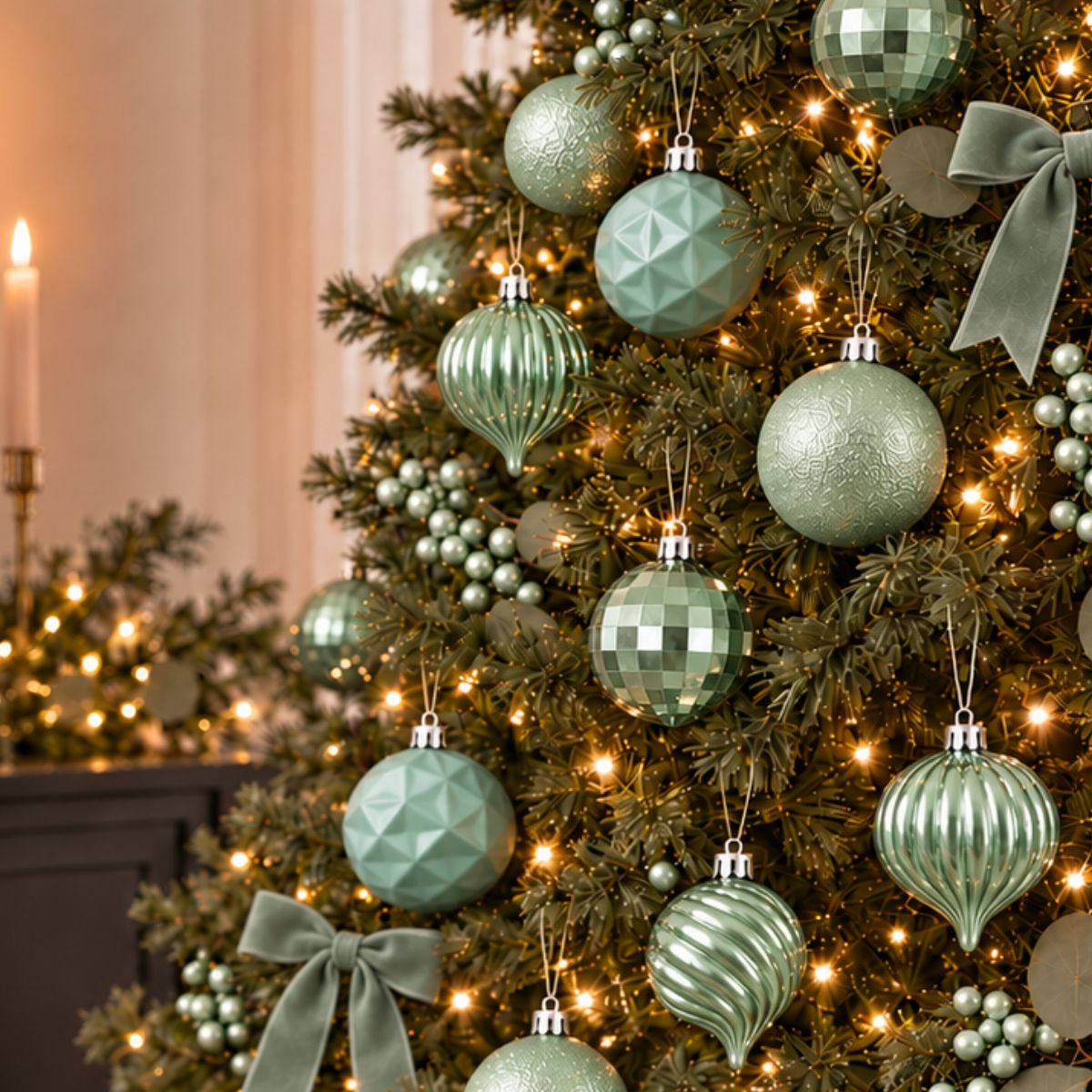 Un sapin de Noël décoré d'ornements vert sauge, de nœuds et de guirlandes lumineuses dans une pièce tamisée.