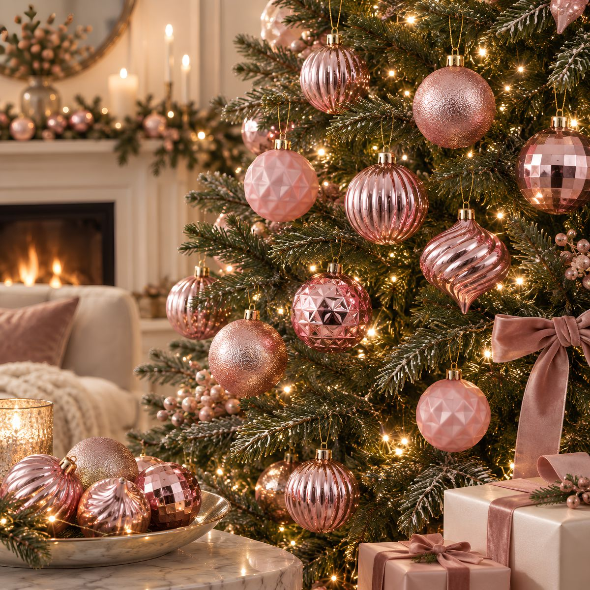 Un sapin de Noël décoré de boules roses, de lumières et de cadeaux dans une pièce avec une cheminée.