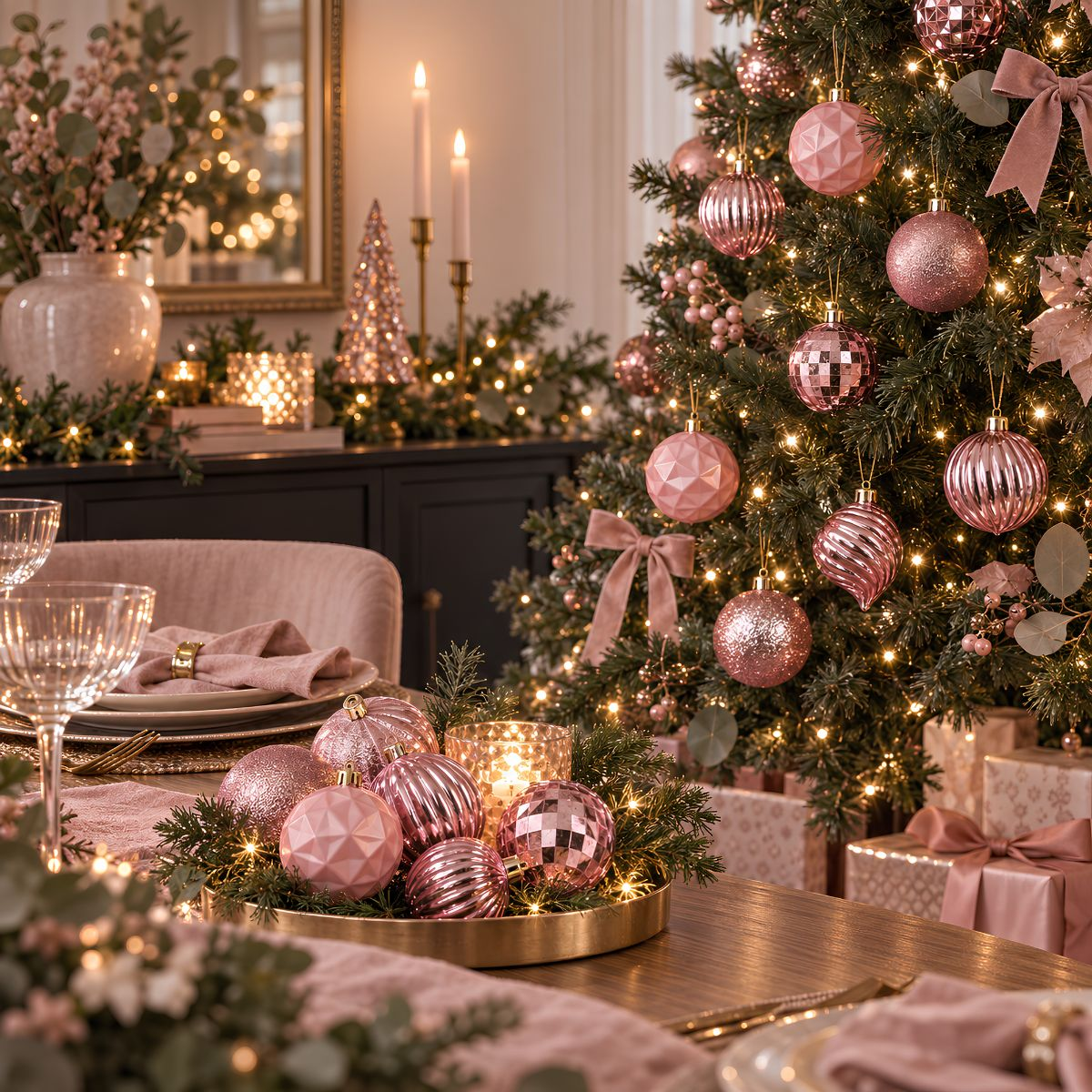 Table de salle à manger festive avec ornements roses, bougies et sapin de Noël décoré.