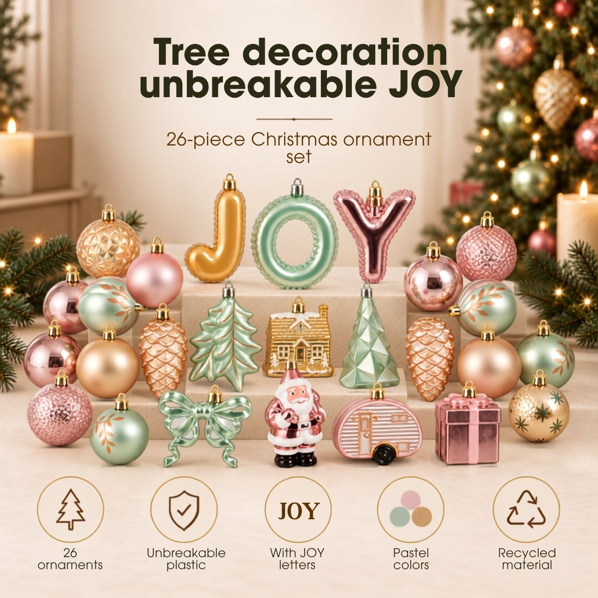 Un ensemble de 26 décorations et figurines de Noël incassables aux couleurs pastel.