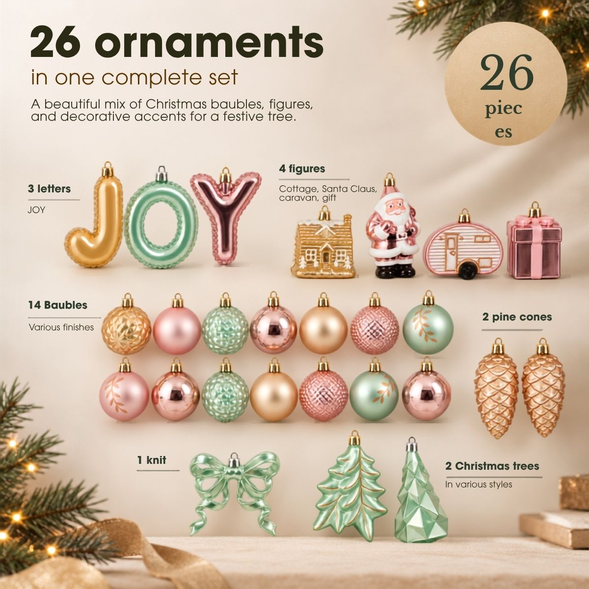 Un ensemble de 26 ornements de Noël comprenant des lettres, des figurines, des boules, des cônes et des sapins rose, vert et or.