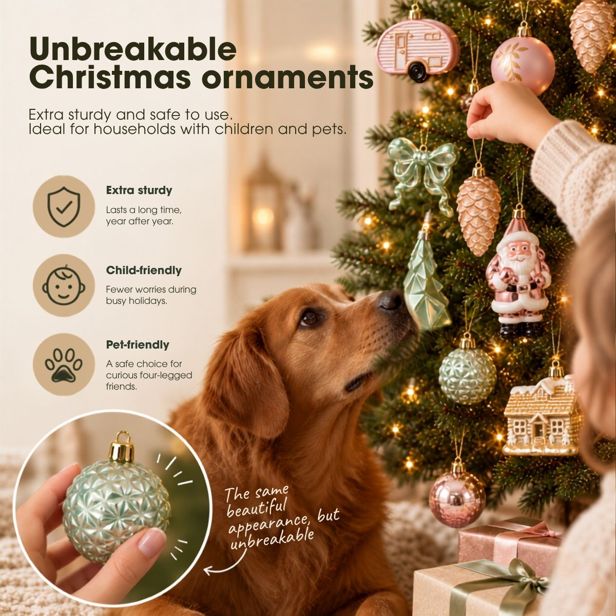 Un golden retriever lève les yeux pendant qu'une personne décore un sapin de Noël avec des boules incassables.