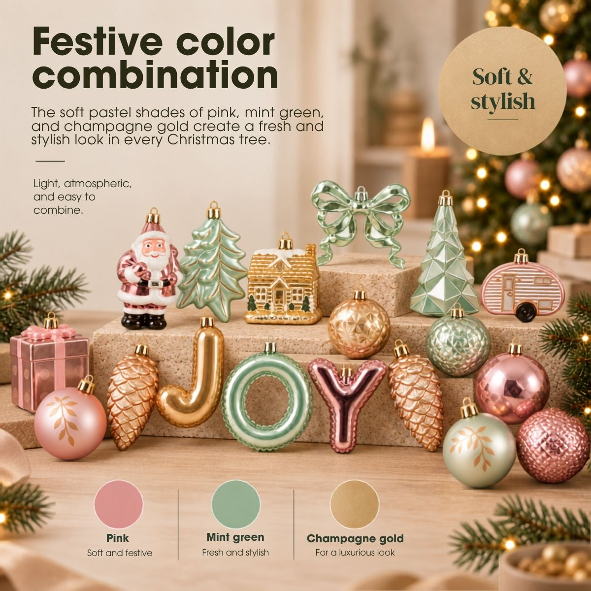 Ornements de Noël pastel en rose, vert menthe et or disposés sur du bois et du liège.