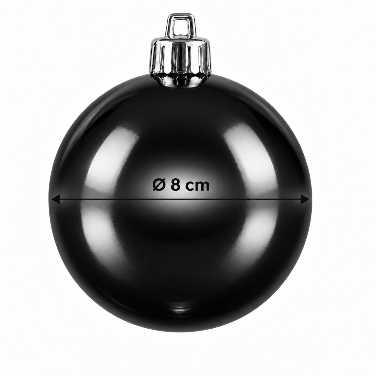 A shiny black Christmas ornament ball with a diameter of 8 cm against a white background.