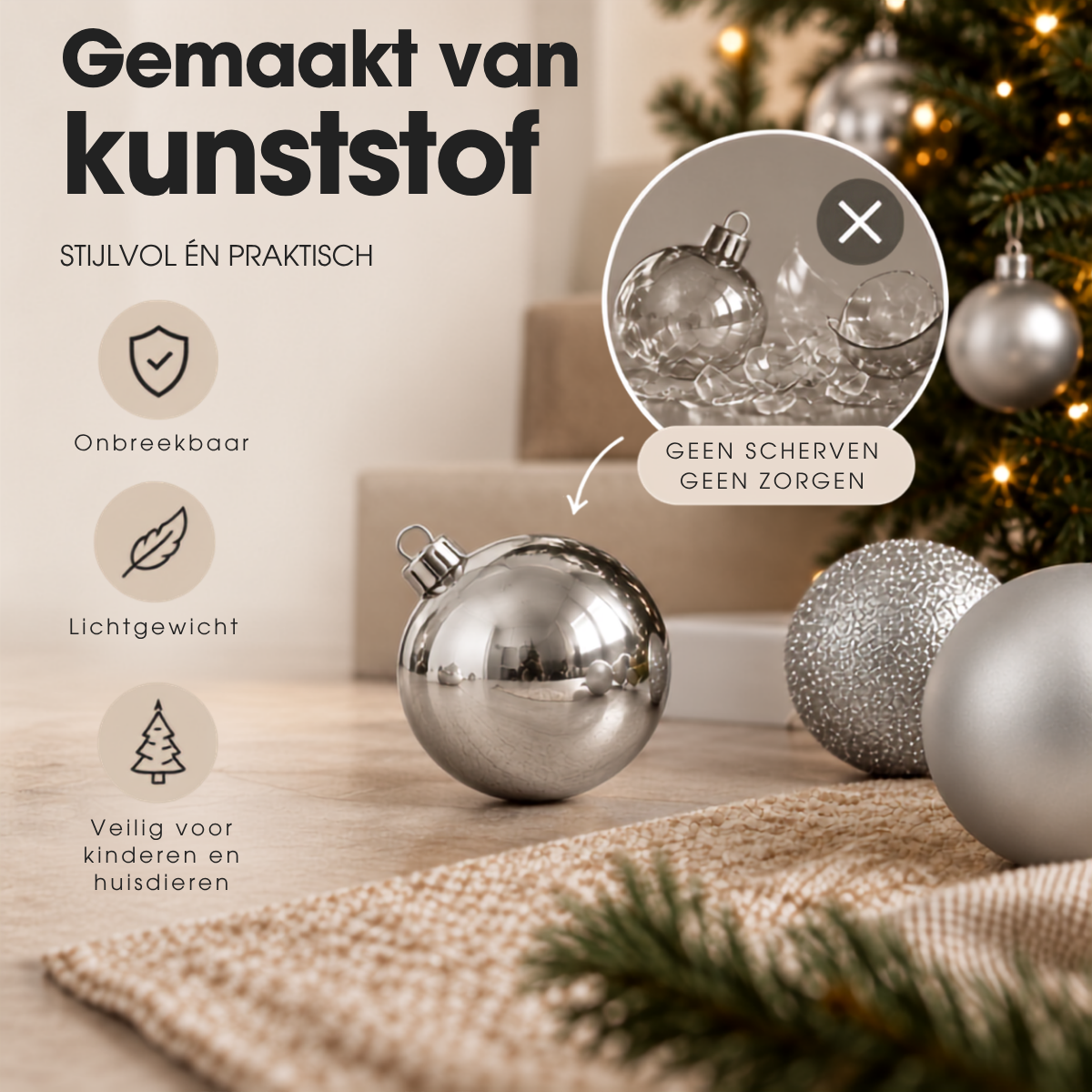 Promotional image for unbreakable plastic Christmas baubles with icons and Dutch text.