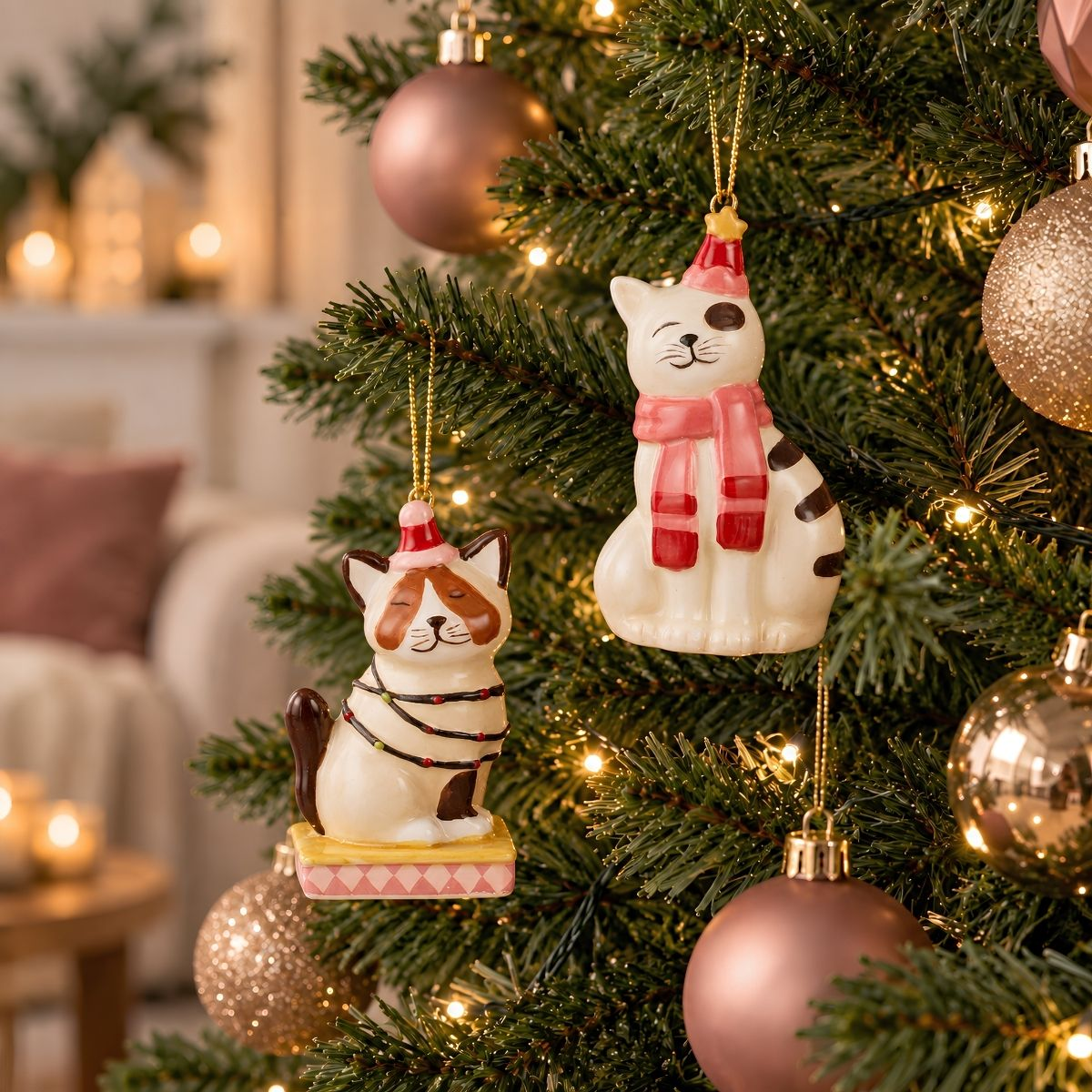 Deux ornements de Noël en céramique en forme de chat suspendus à un arbre décoré de boules roses et de lumières.