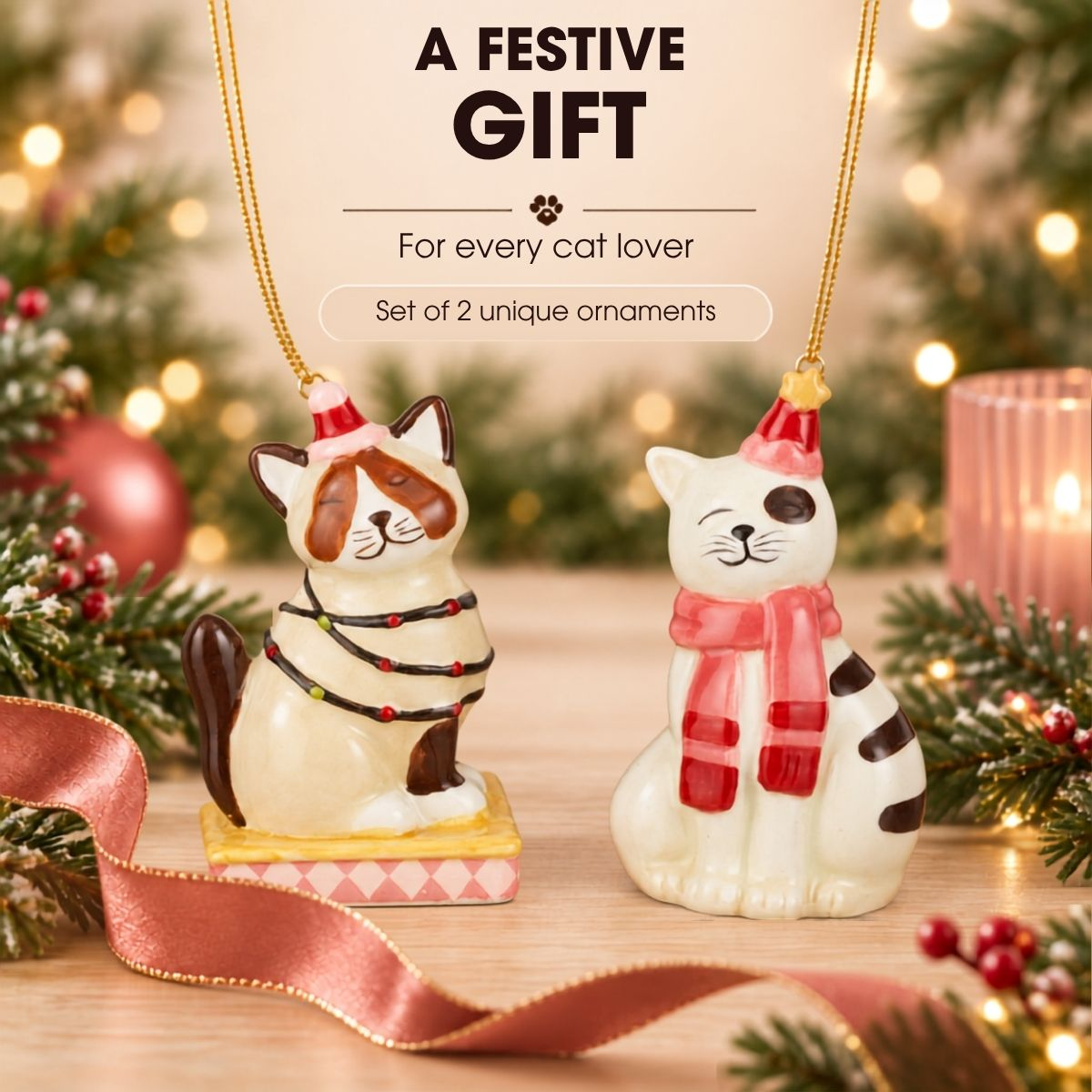 Deux ornements de chat de Noël en céramique portant des bonnets et des écharpes.