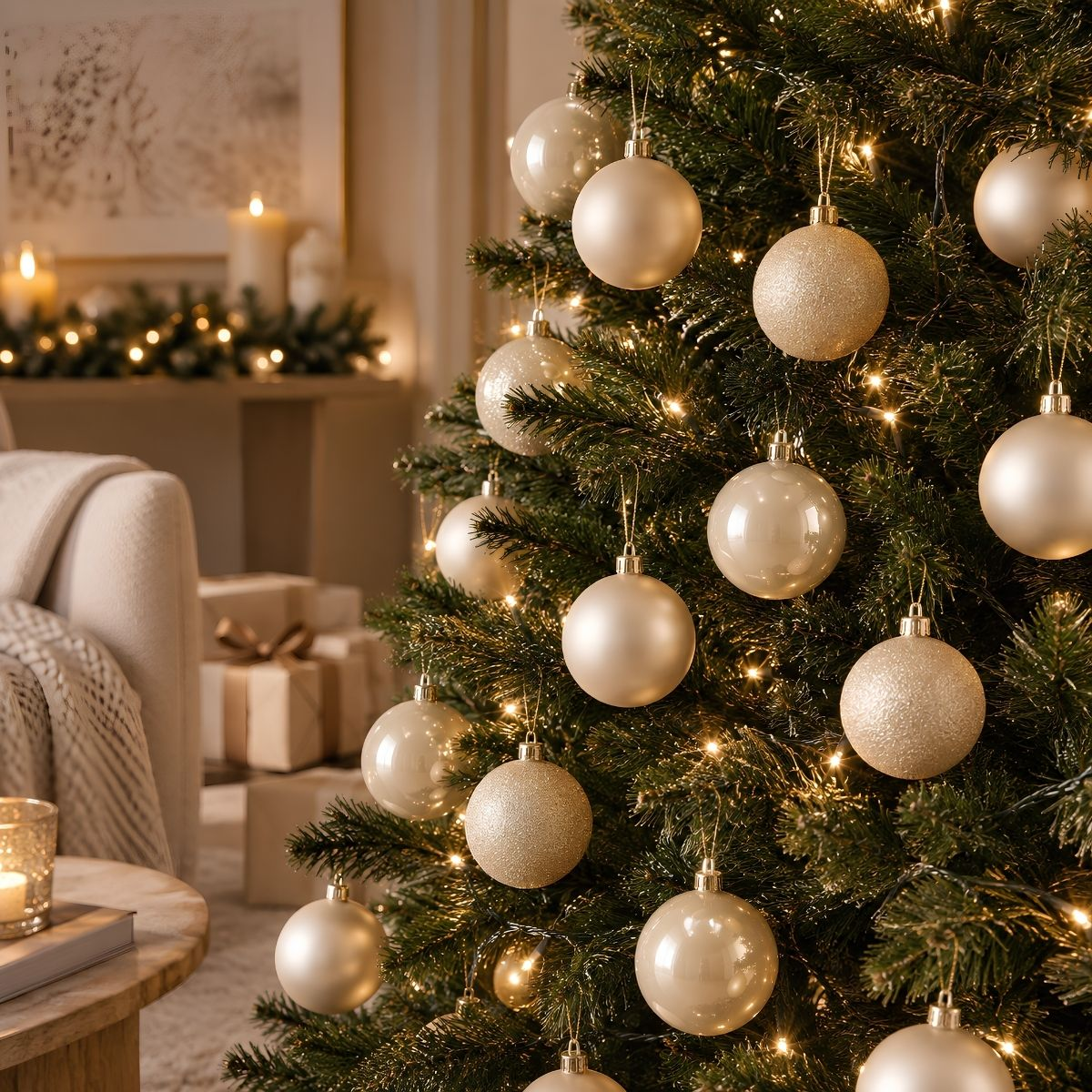 Un sapin de Noël décoré de lumières et d'ornements dorés et argentés brillants dans un salon chaleureux et lumineux.