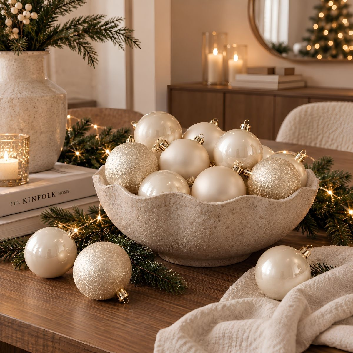 Un bol beige rempli de boules de Noël blanches et dorées brillantes sur une table en bois avec des branches de pin et des bougies.