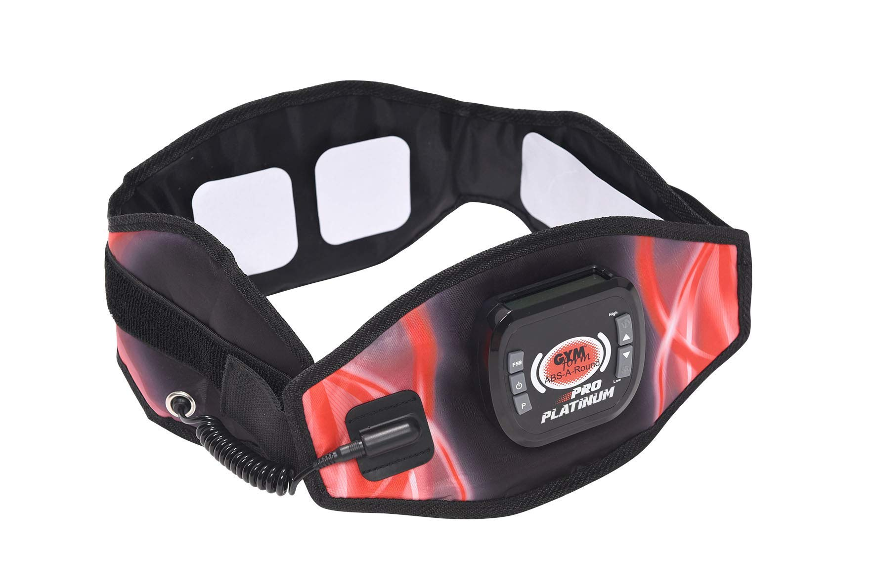 Ein schwarz-roter Gymform Abs-A-Round Pro Platinum Fitnessgurt mit Steuereinheit und weißen Elektrodenpads.