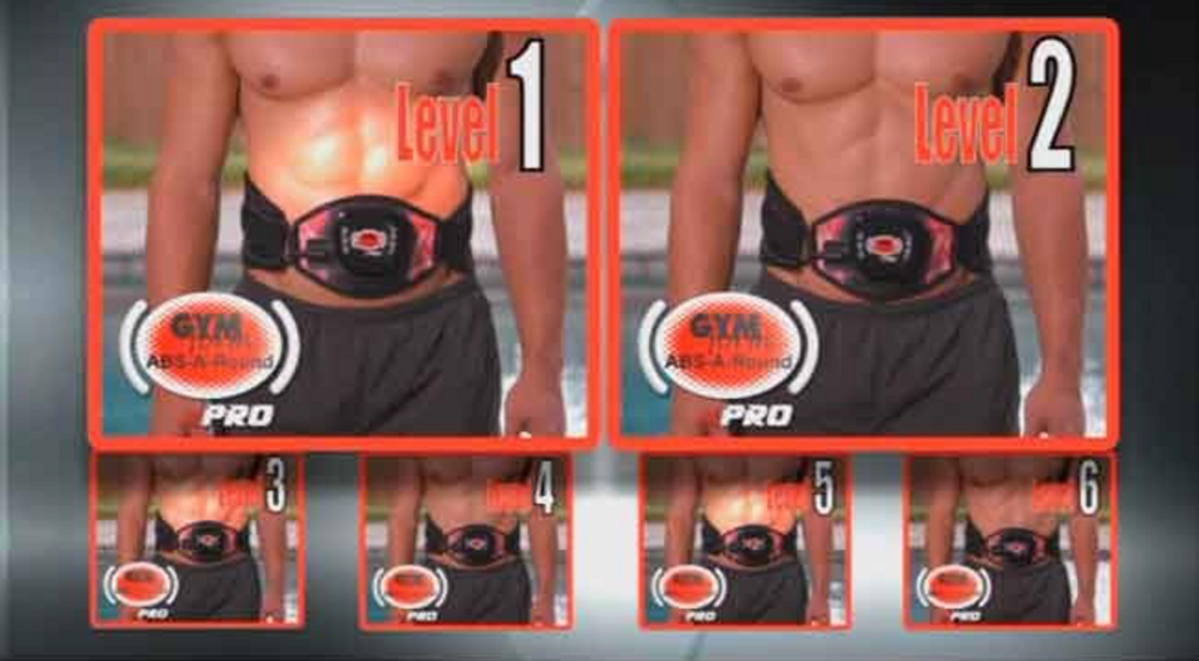 Sechs Bilder zeigen einen Mann, der einen Bauchmuskelgürtel in verschiedenen Trainingsstufen von 1 bis 6 trägt.