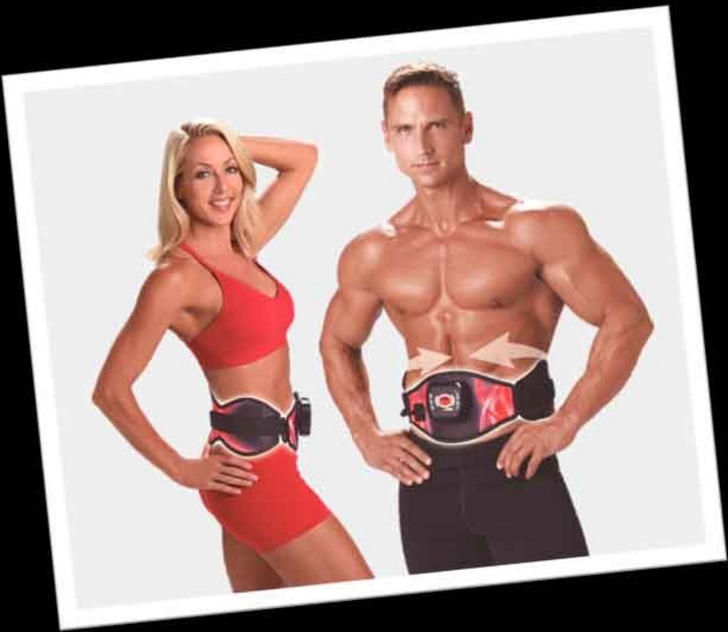 Ein Mann und eine Frau im Fitness-Look präsentieren EMS-Gürtel für den Bauch.