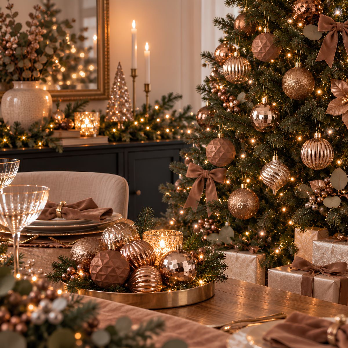 A festive dining room features a decorated Christmas tree, glowing candles, and a table set with rose gold ornaments.