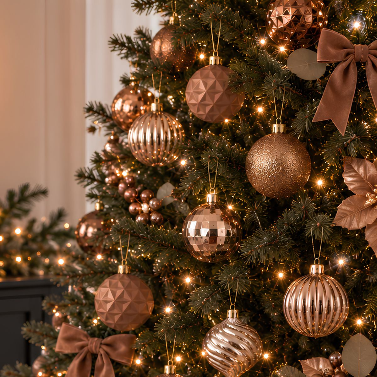 Christmas tree decorated with shiny bronze ornaments, lights, and bows.